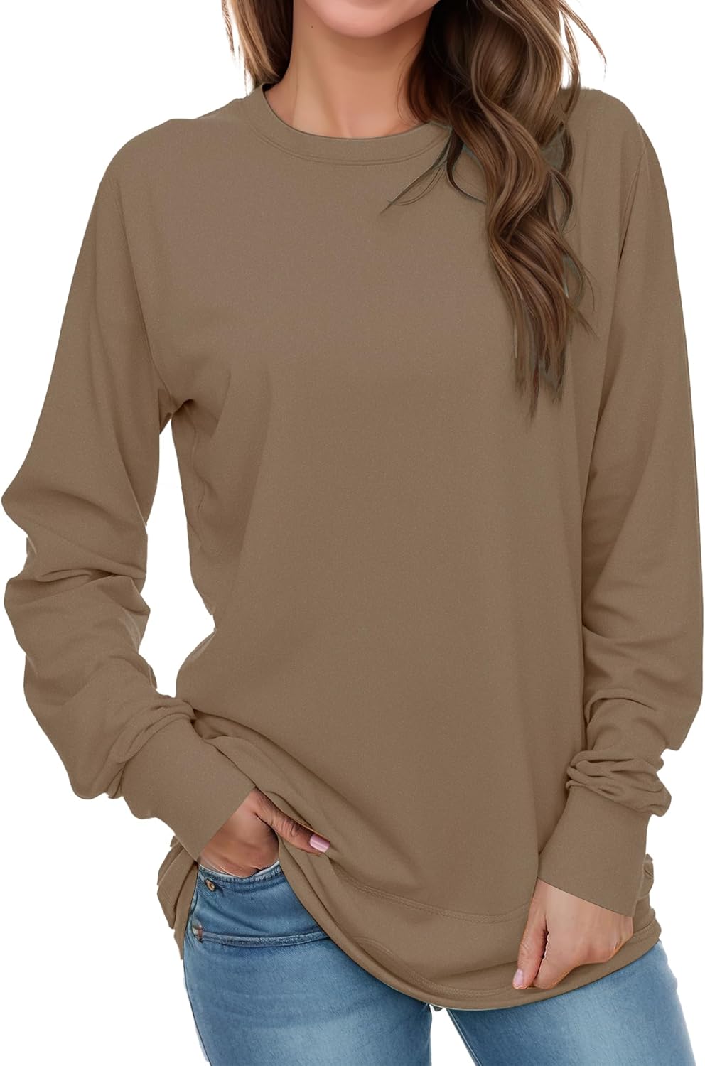 AURUZA Sweatshirt for Women Long Sleeve Crewneck Sweatshirt Women Causal Loose Fit Pullover Tunic Top Fall Clothes Shirts, XL, Coffee