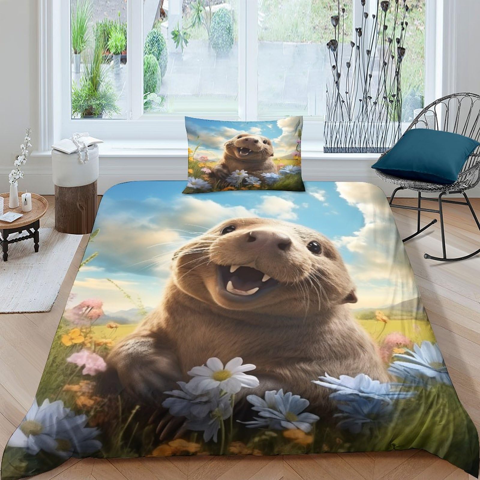 Parure de lit loutre en microfiche 3D avec housse de couette et taie 135x200cm