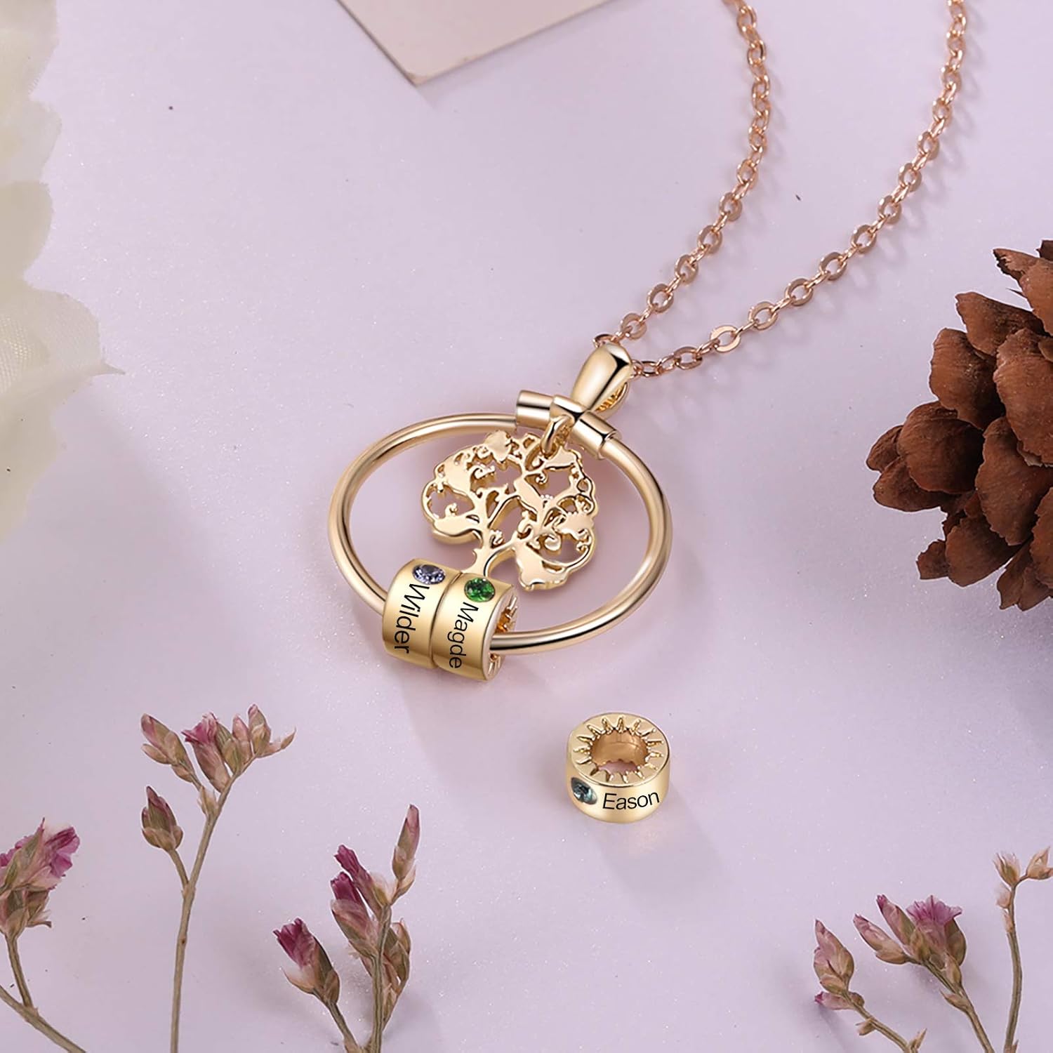 Personalized Tree of Life Necklace for Mom with 1-5 Simulated Birthstones Engraved Charm Bead Pendant Customized Family Name Necklace for Women Wife Daughter Grandma Jewelry Gift for Mother's Day