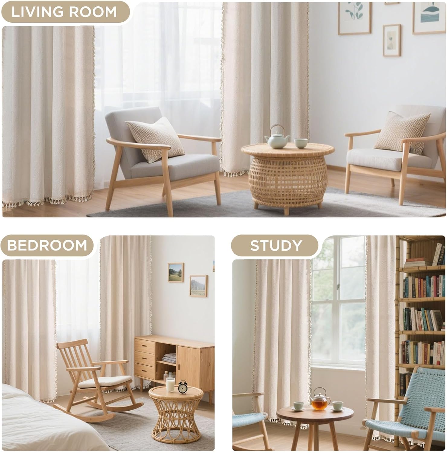 Joydeco Linen Boho Curtains 96 Inches Long 2 Panels, Super Soft Bohemian Farmhouse Curtains with Tassels, Semi Sheer Light Filtering Drapes for Bedroom Living Room (Rod Pocket, 52Wx96L)