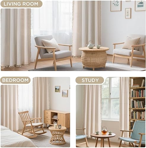 Miniatura 8 de Joydeco Cortinas bohemias de lino de 96 pulgadas de largo, 2 paneles de cortinas bohemias súper suaves con borlas, cortinas semitransparentes