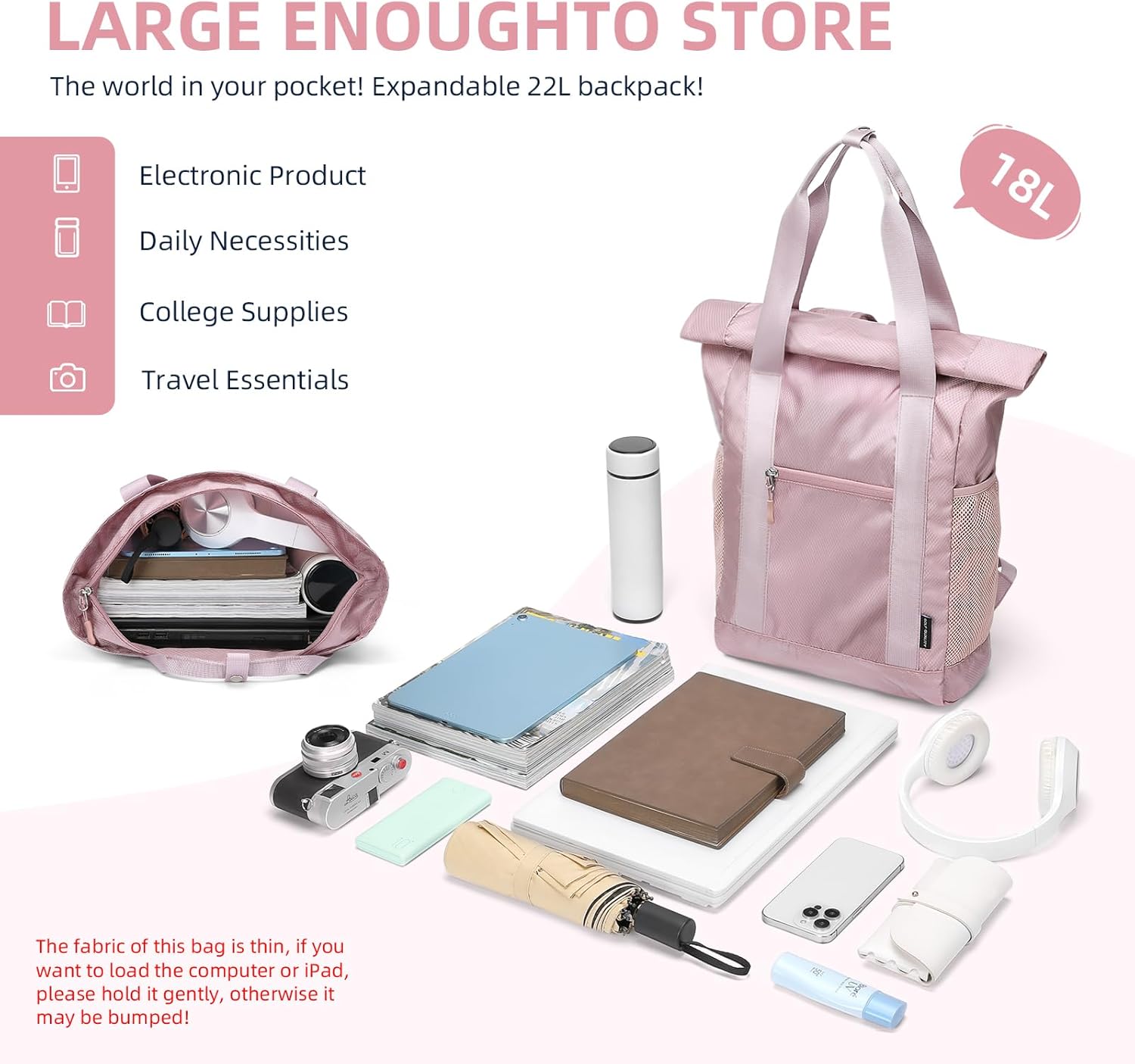 Foldable Convertible Tote Backpack Lightweight Versatile Nylon Daypack for Women Work Leisure Travel,Berry Pink - Image 4