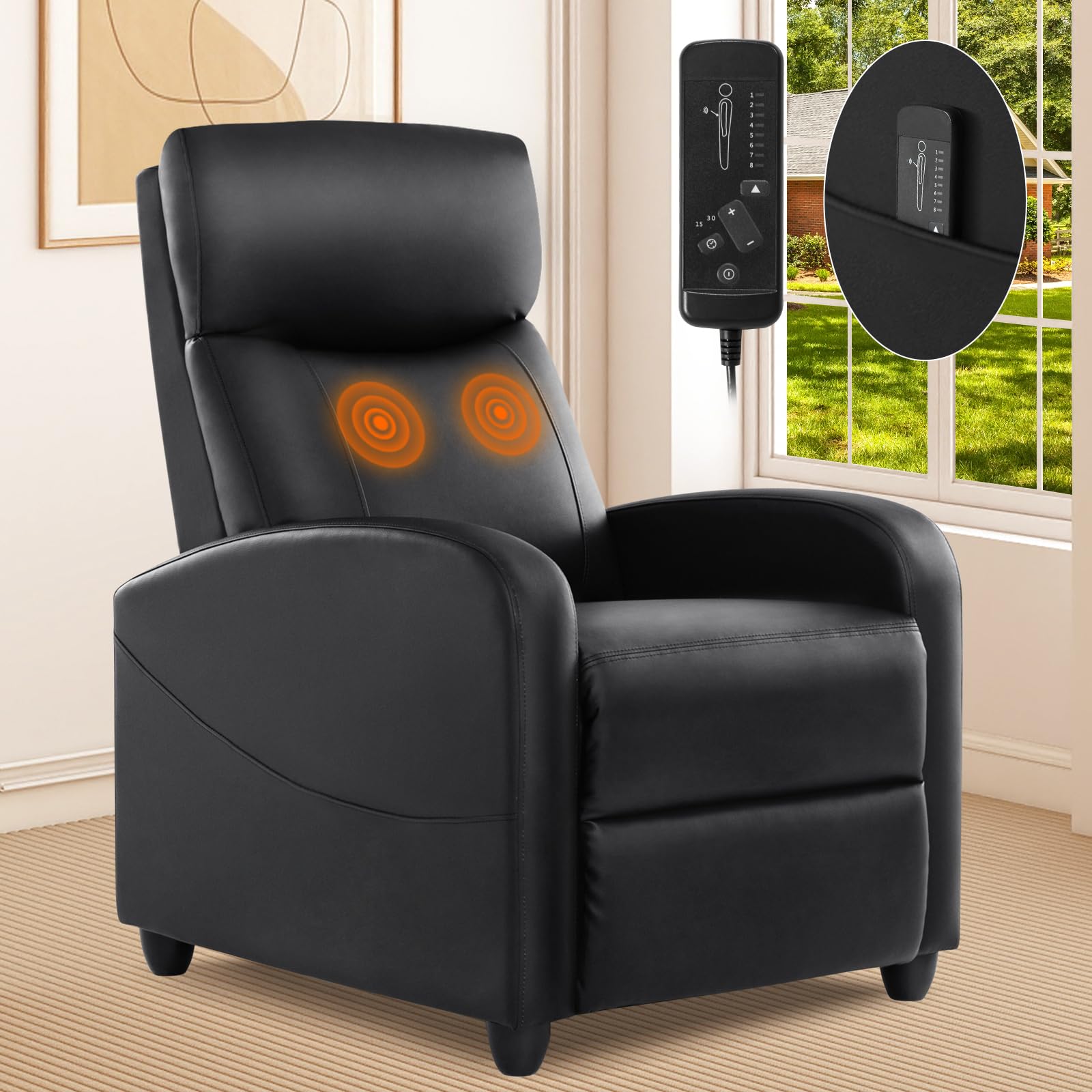 Recliner Chair for Adults, Massage Reclining Chair for Living Room, Adjustable Modern Recliners Chair, Home Theater Seating Single Sofa Recliner with Padded Seat Backrest (Deep Black)