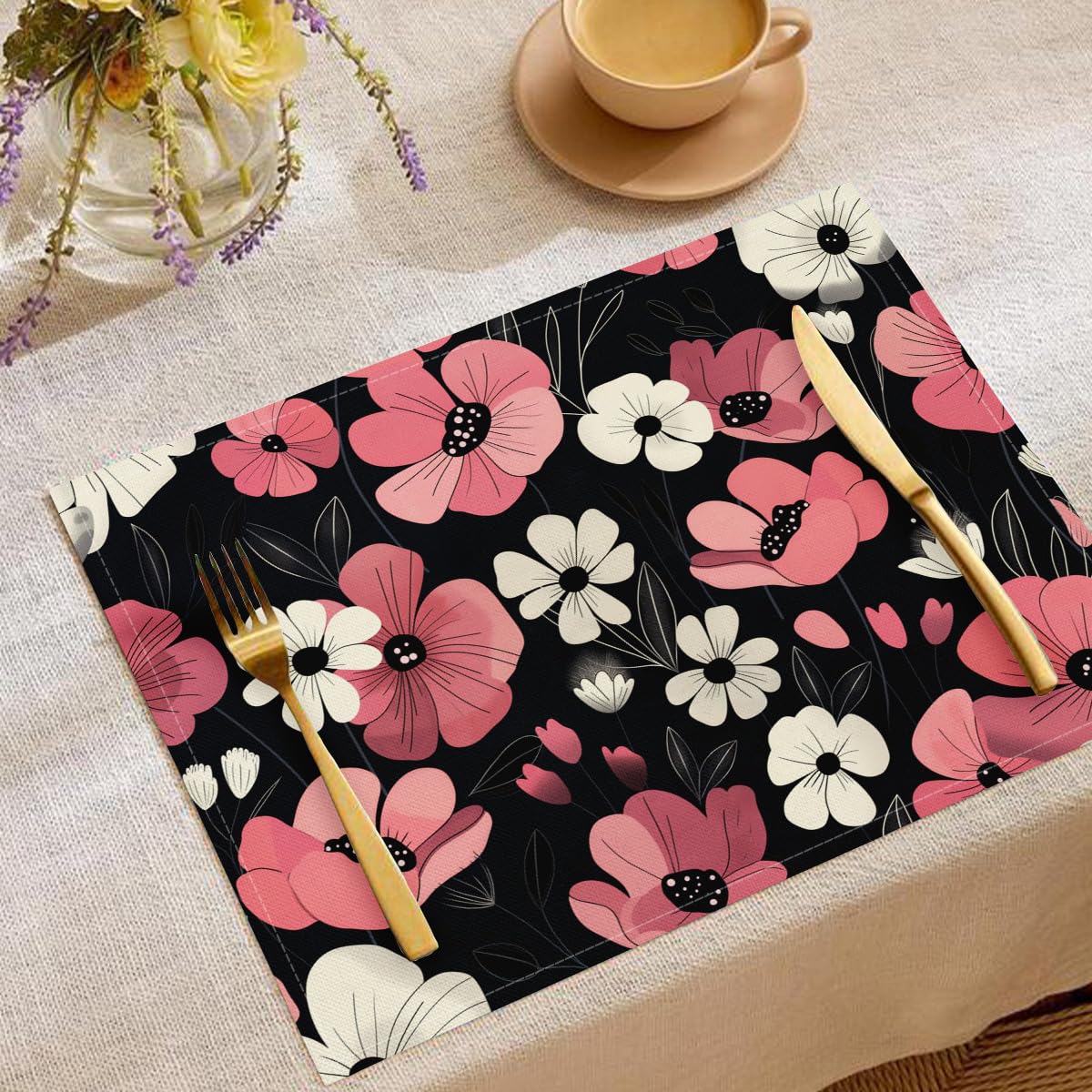 Sets de table d'été 45x30 cm motif minimalisme floral rose lavables pour réception de fête