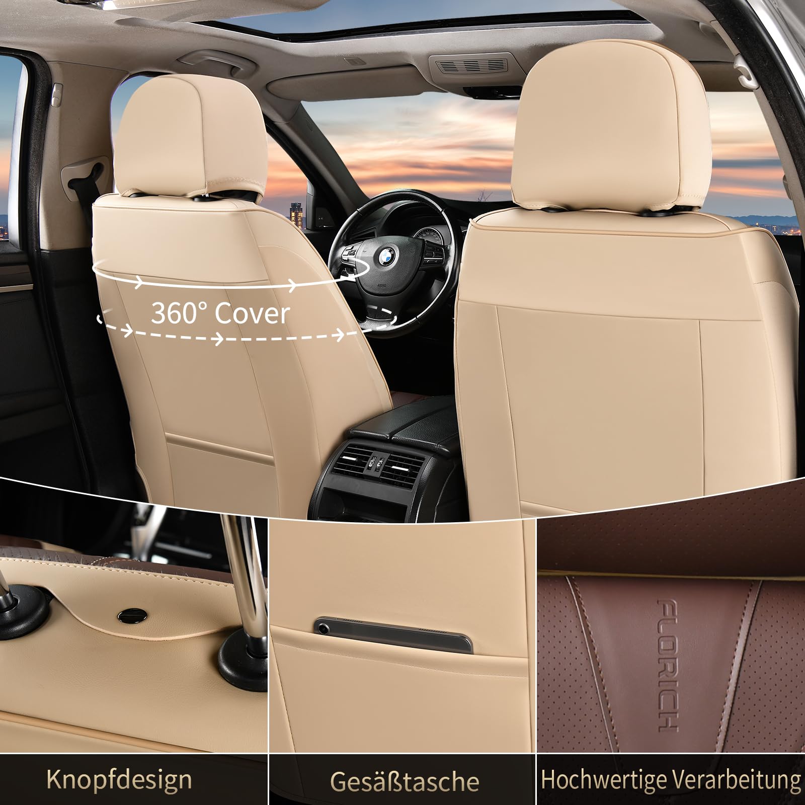 FLORICH Autositzbezüge Universal Sitzbezüge 5er Set für die Vordersitze und Rücksitze Autositzbezüge PU Leder Wasserdichtes passend für die meisten Pkw, SUV und LKW (Komplettset, Beige&Kaffee)