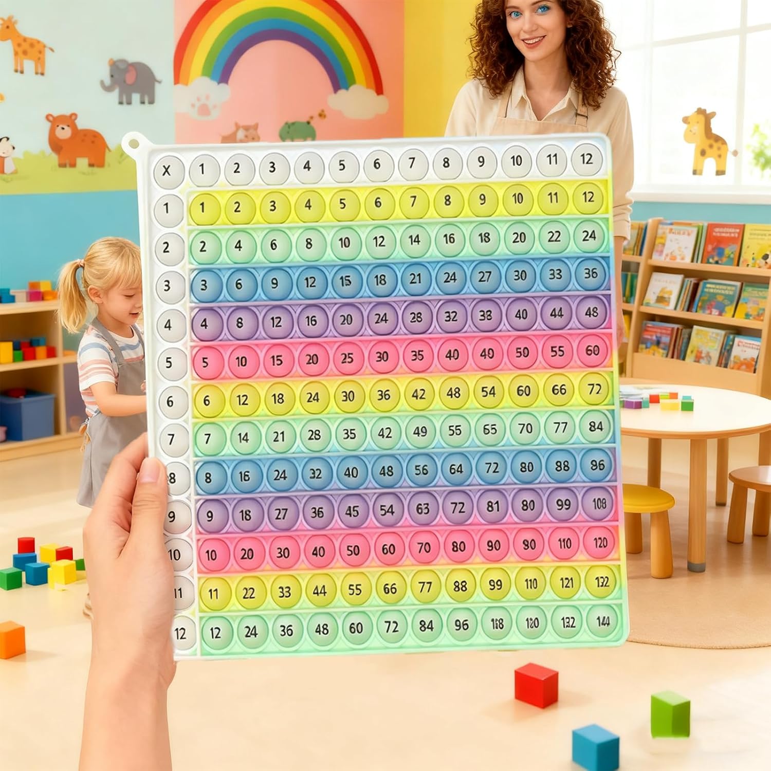 Rainbow Multiplication, Table Pop Toys Educational Math Learning Board Game, 12x12 Colorful Silicone Push Bubble Sensory Toy Abacus for Kids Math Relieve Stress and Anxiety Education