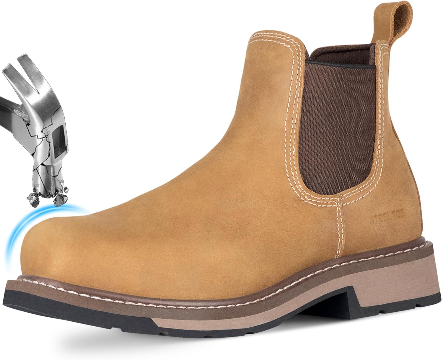 Slip-On Work Boots for Men, Steel Toe Puncture-Proof with EVA Mid-Sole, Full Grain Leather Non-Slip Chelsea Safety Shoes, Comfortable and Ideal for Industrial Construction (Size 7-14)