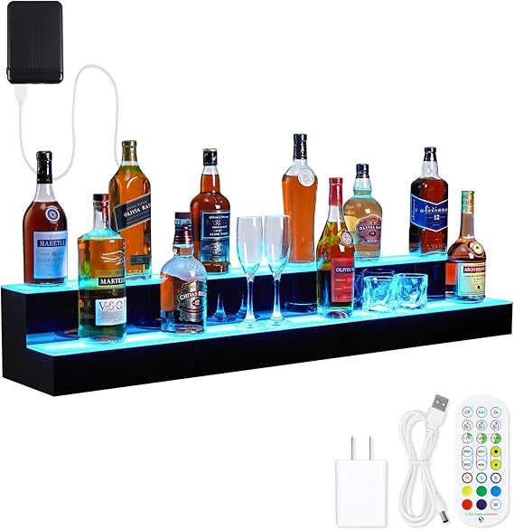 LED Lighted Liquor Bottle Display Shelf, 2 Tiers 48 Inch Acrylic Drink Shelves with Remote & App Control, and Multi-Color Lighting, Bar Bottle Display Shelf for Liquor Shelves