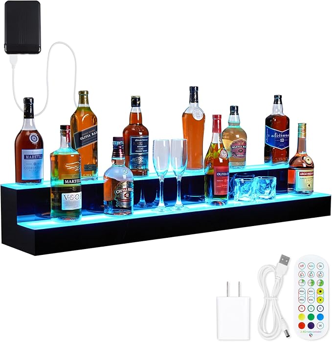LED Lighted Liquor Bottle Display Shelf, 2 Tiers 48 Inch Acrylic Drink Shelves with Remote & App Control, and Multi-Color Lighting, Bar Bottle Display Shelf for Liquor Shelves