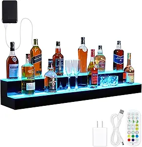 LED Lighted Liquor Bottle Display Shelf, 2 Tiers 48 Inch Acrylic Drink Shelves with Remote & App Control, and Multi-Color Lighting, Bar Bottle Display Shelf for Liquor Shelves