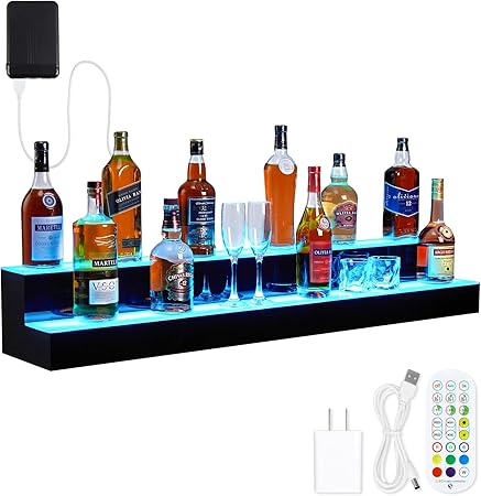 LED Lighted Liquor Bottle Display Shelf, 2 Tiers 48 Inch Acrylic Drink Shelves with Remote & App Control, and Multi-Color Lighting, Bar Bottle Display Shelf for Liquor Shelves