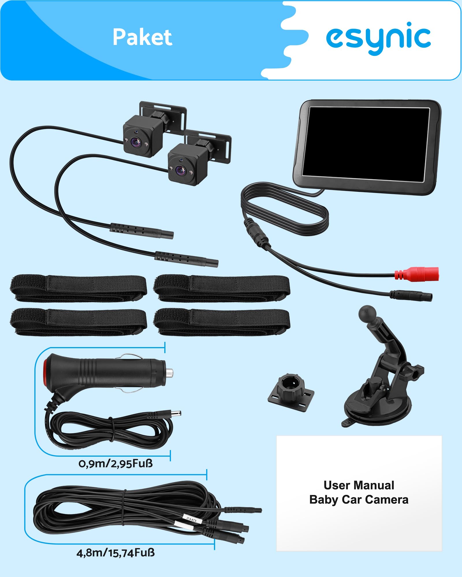 eSynic Autospiegel Baby Rücksitz Doppelmonitor 5" HD Rückspiegel für Auto, 1080P Nachtsicht Auto Rückspiegel Monitor, 170° Weitwinkel, 2 Kameras Unterstützt, 360° Drehbar, Sicher für Babys
