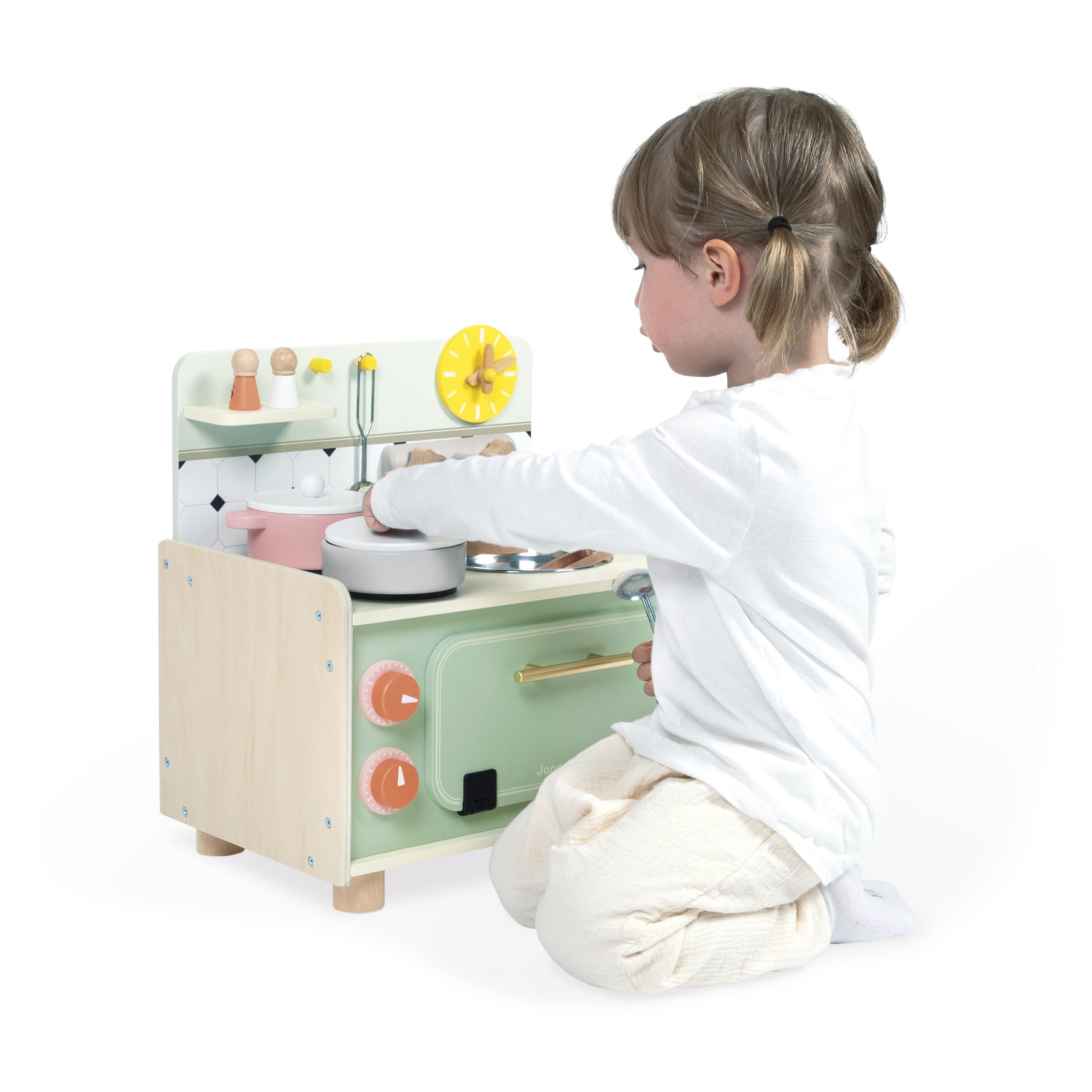 Janod - Cocinita Infantil de Madera - Minicocina Infantil - Equipada con Horno, Fregadero y 10 Accesorios Incluidos - Botones Sonoros Giratorios - Juguete de Imitación - A Partir de 2 años