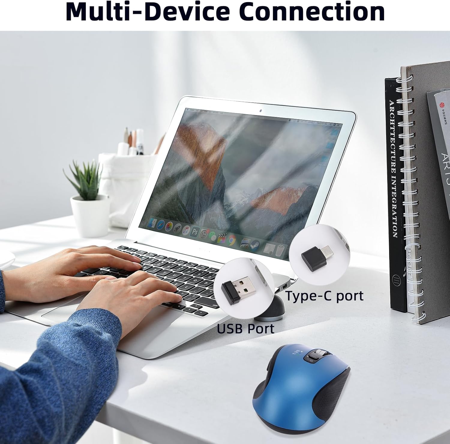 Wireless Bluetooth Mouse with USB-A, USB-C Receiver, Rechargeable, 3-Device, Full-Size, Silent Click, Ergonomic Mice for MacBook/Laptop/Computer/Tablet/PC/iPad-Blue