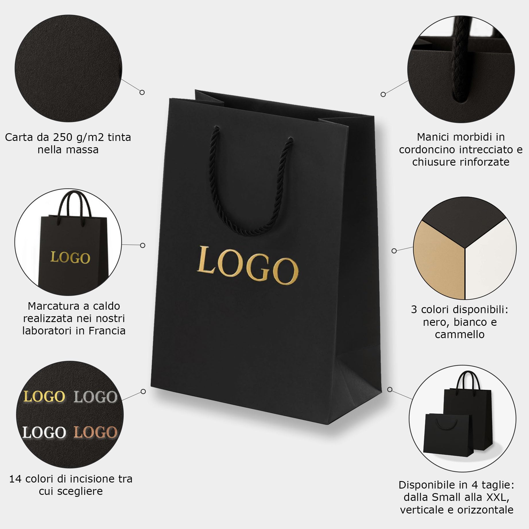 Set di 25 sacchetti di carta personalizzati - carta lusso da 250 g/m² con manici in corda intrecciata – bianco, nero, cammello –4 misure– Personalizzabili con logo –Jolis Papiers– Made in France