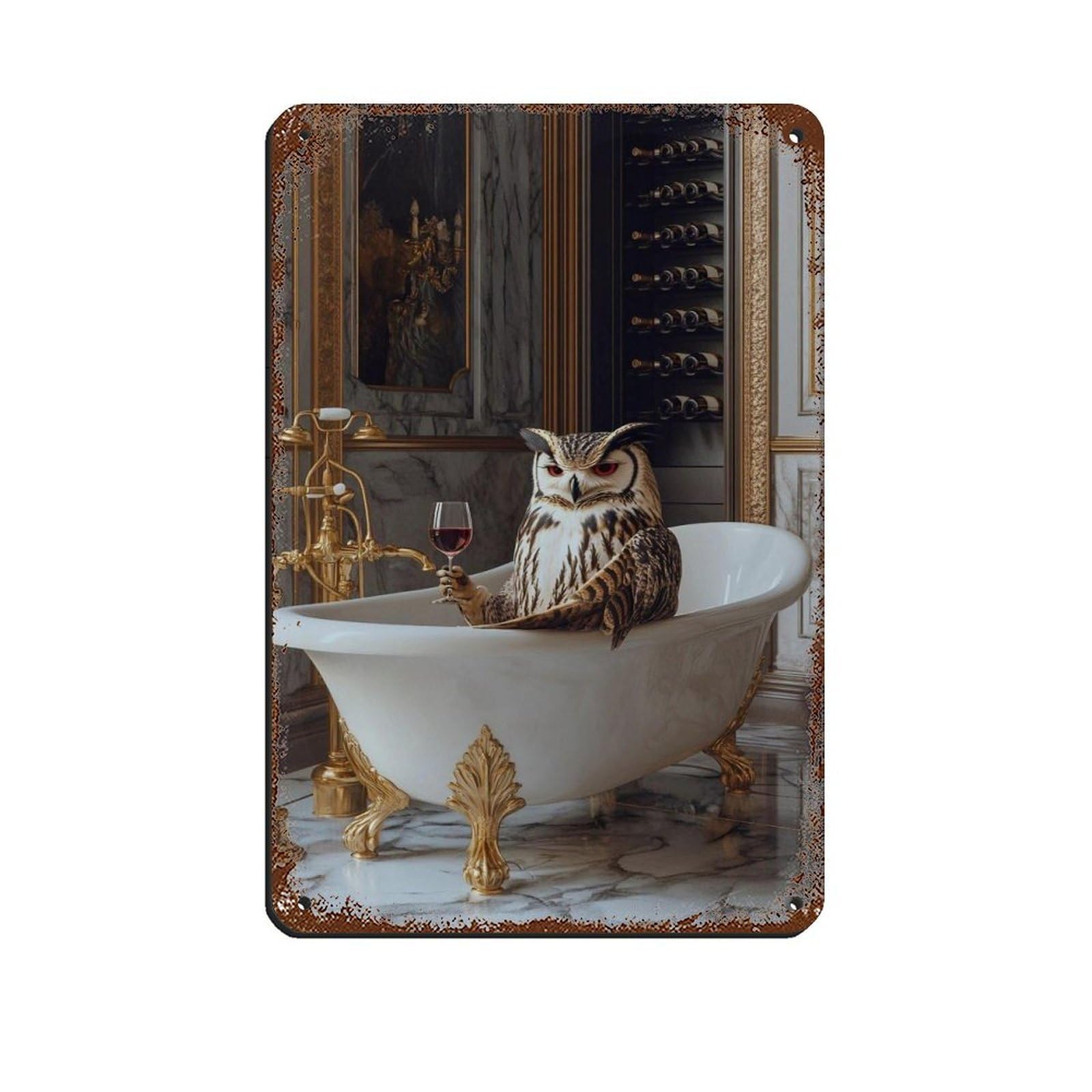 Sophisticated Owl in Vintage Bathtub Retro Poster Metal Tin Sign Chic Art Retro Iron Painting Bar People Cave Cafe Family Garage Poster Wall Decoration 8x12inch(20x30cm)