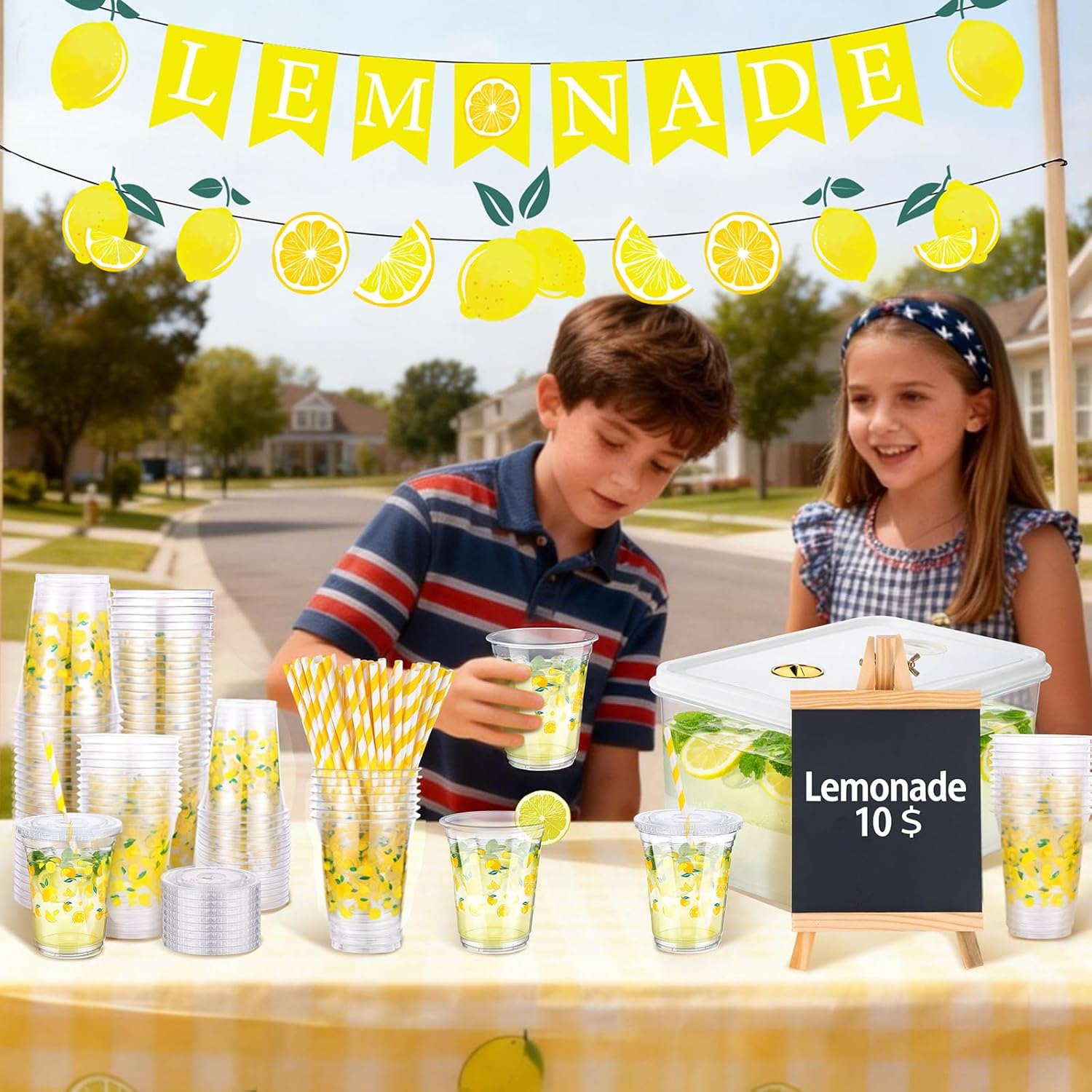 155 Pcs Lemonade Stand Supplies include 2 Pack 3.4 Gallon Drink Dispenser with Spigot,50 Sets 12oz Lemonade Disposable Cup with Lids Straws and Lemonade Banners, Blackboard