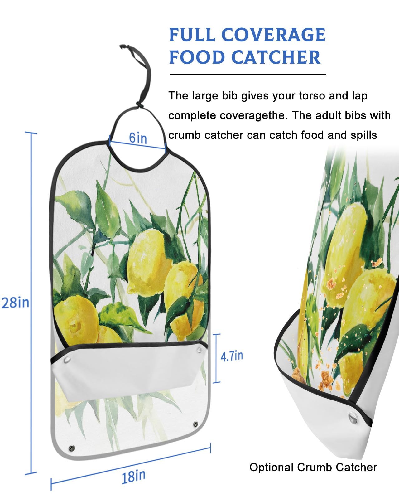 Summer Lemon Adult Bibs for Eating, Waterproof Bibs with Food Catcher & Adjustable Snap Closure, Green Leaves Watercolor Oil Paiting Washable Clothing Protectors Adult Bibs for Elderly Women/Men