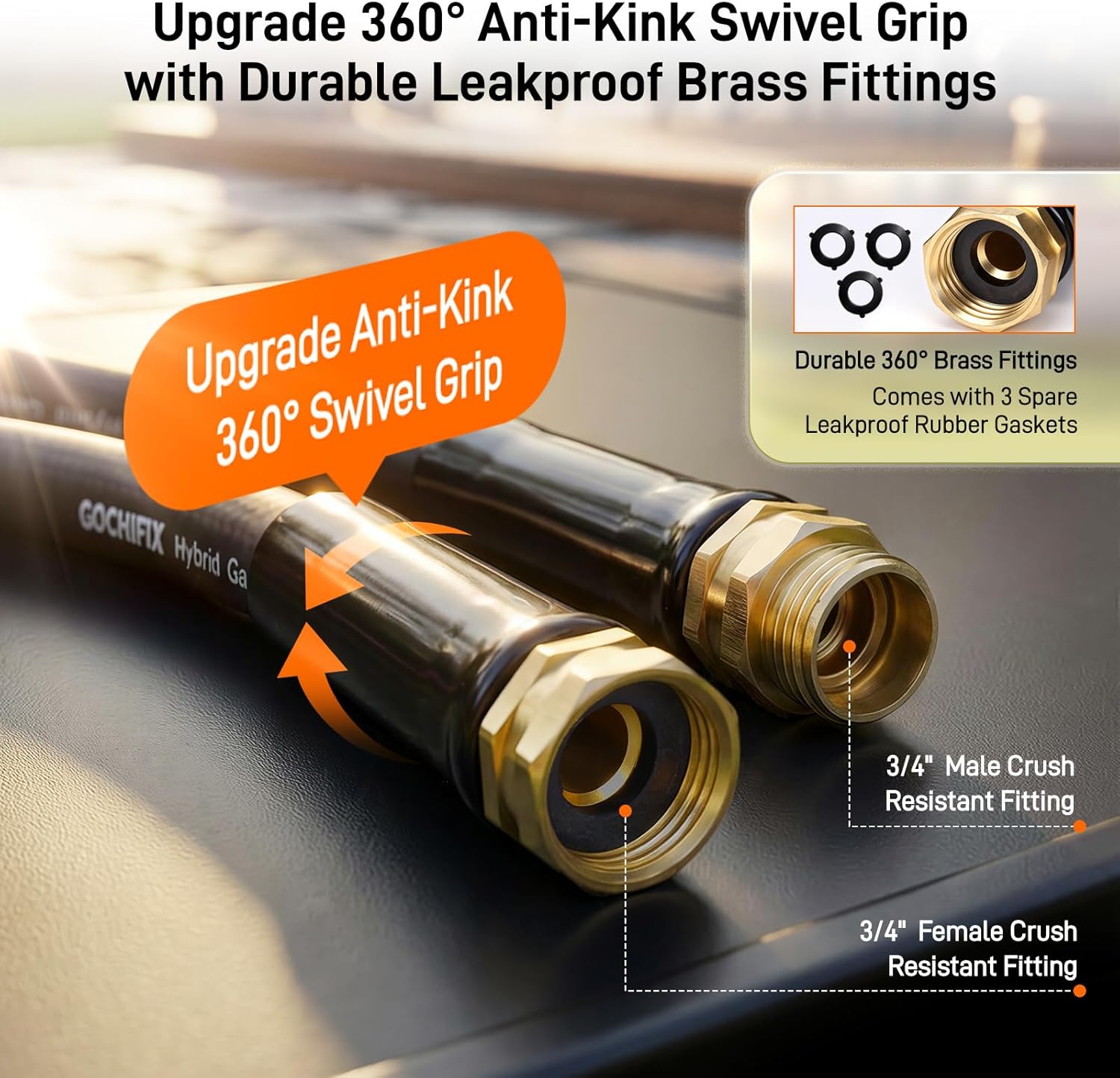 Garden Hose, 100ft 5/8" Heavy Duty Rubber Water Hose w/ 10-Mode Spray Nozzle, 550 PSI Burst, 360° Anti-Kink Swivel Connectors, All-Weather Flexible, Leakproof 3/4" Brass Male to Female Fittings