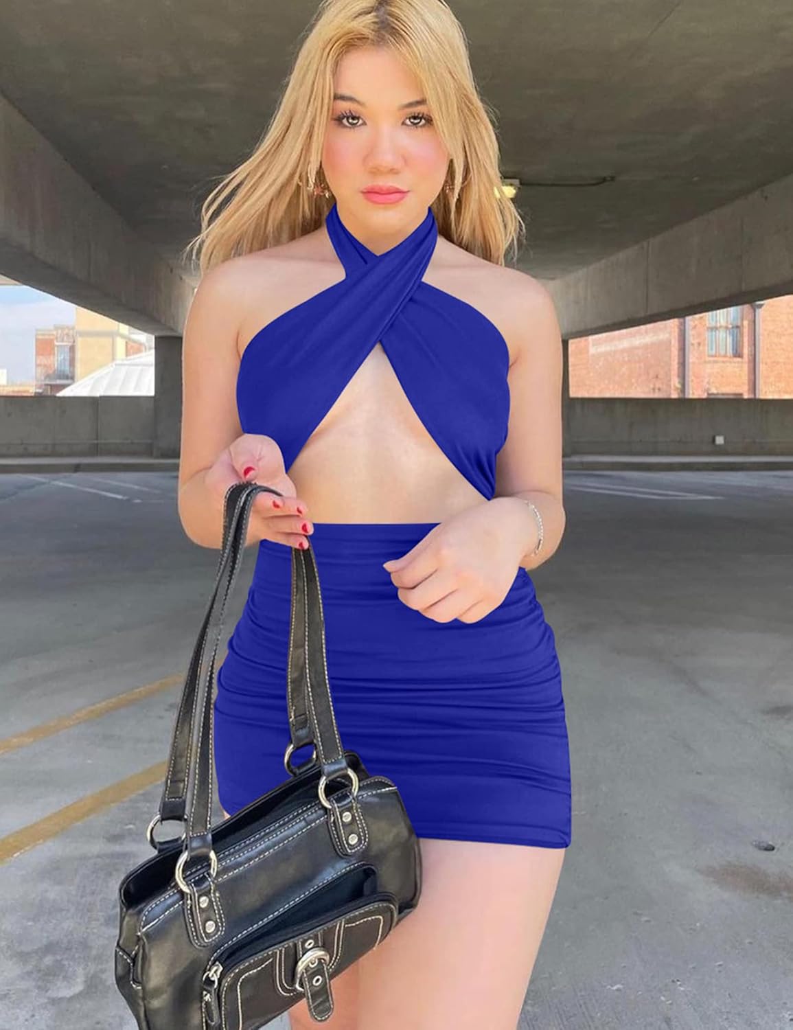 Women's Sexy Ruched Bodycon Halter Criss Cross Cut Out Backless Mini Club Party Dresses - Image 6