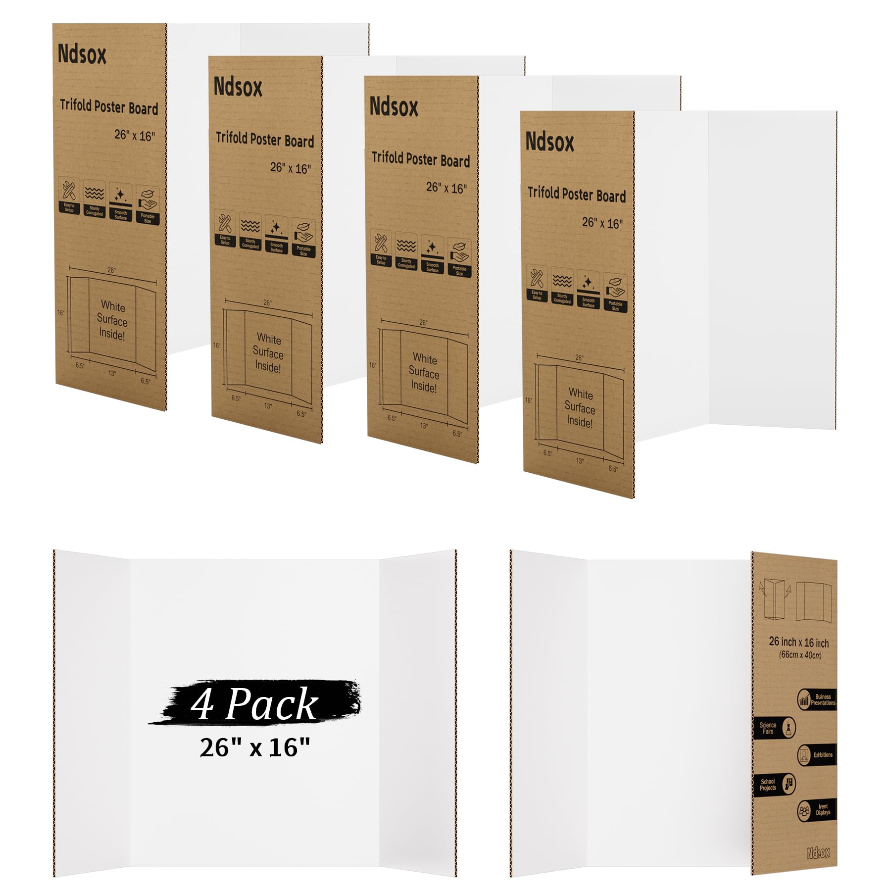 Ndsox 4 Pack 26" x 16" White Trifold Poster Board Medium Size Corrugated Tri Fold Project Poster Boards Science Fair Display Posterboards for Business Presentations, Event Displays, Art Exhibitions