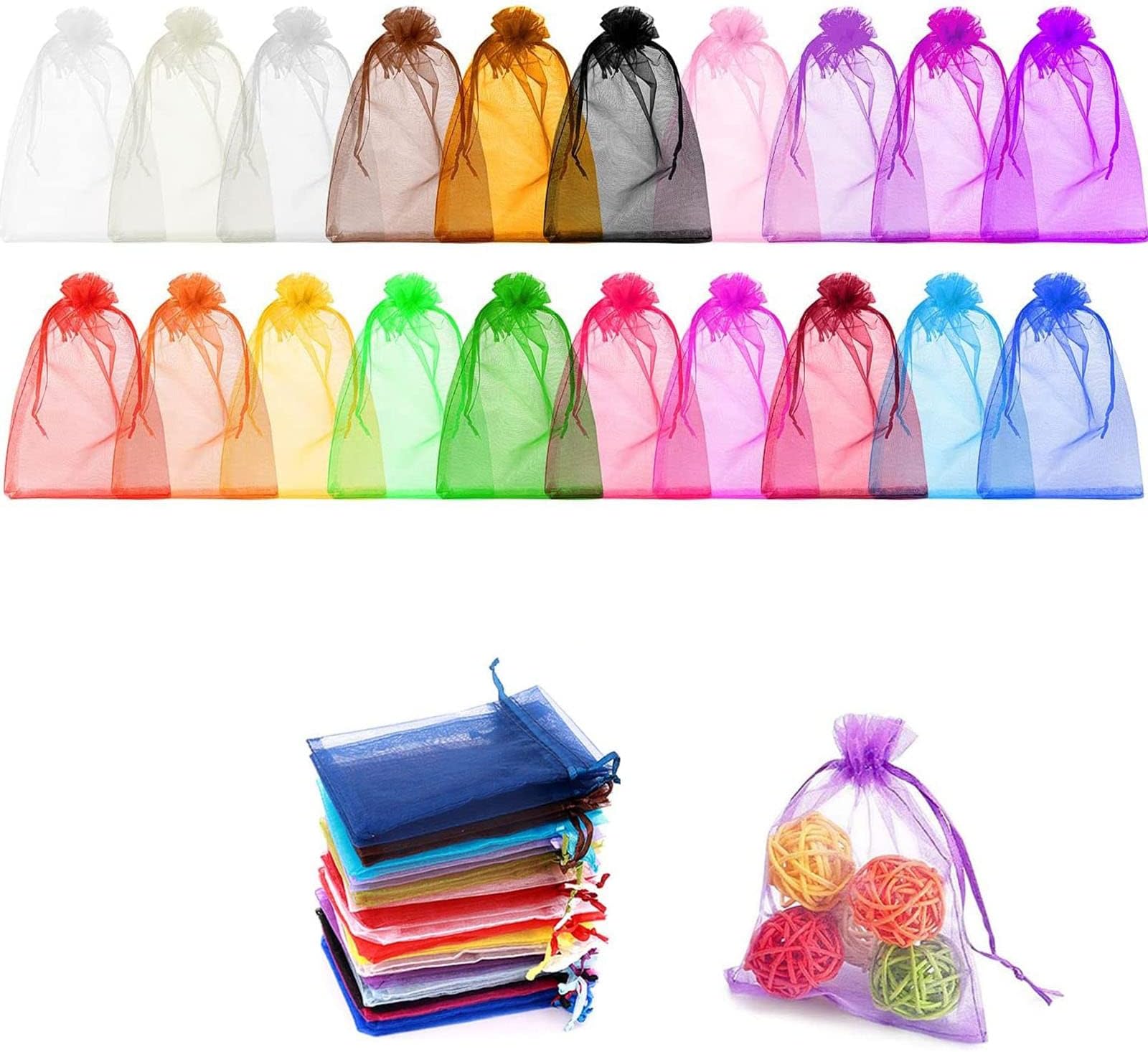 JCKD 100 Coloured Organza Bags for Eucharist, Wedding, Birthday, Christmas, Party Gifts with Rope, Wedding Sweet Bag, Jewellery Bag, Gift Bag (7 cm x 9 cm)