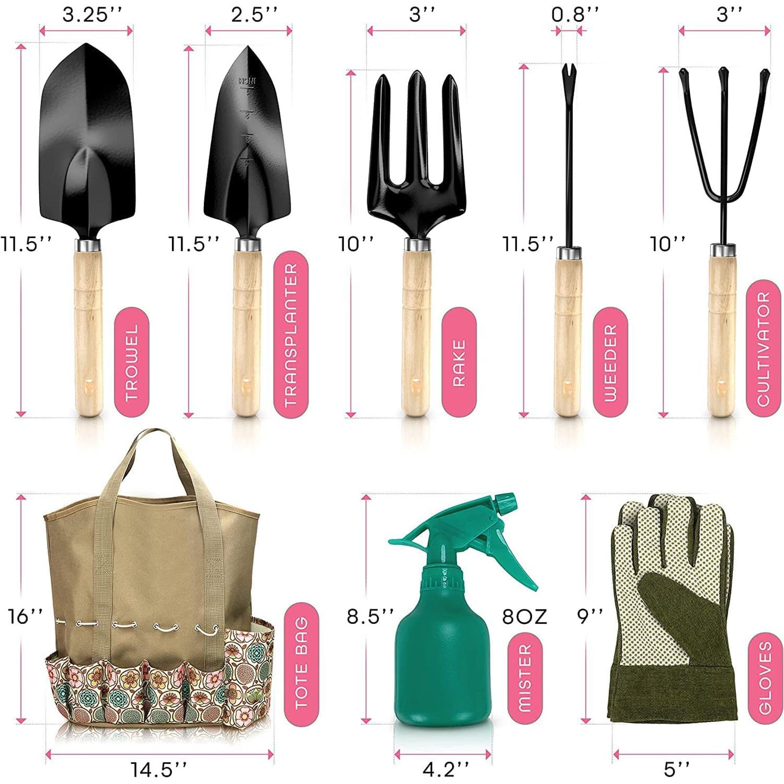 Set di attrezzi da giardinaggio, in acciaio inox resistente, con borsa per attrezzi da giardino resistente e manico ergonomico antiscivolo per uso esterno