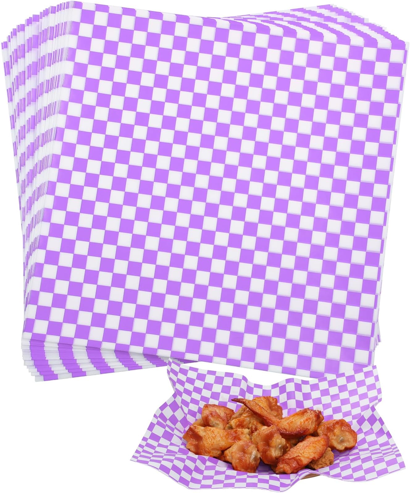 100 Sheets Purple and White Checkered Deli Paper Sheets 12*12 Inch, Food-graded Greaseproof Paper Basket Liners for Sandwiches, Burgers, Fries Wrapping Paper for Party, Festival and Outdoors