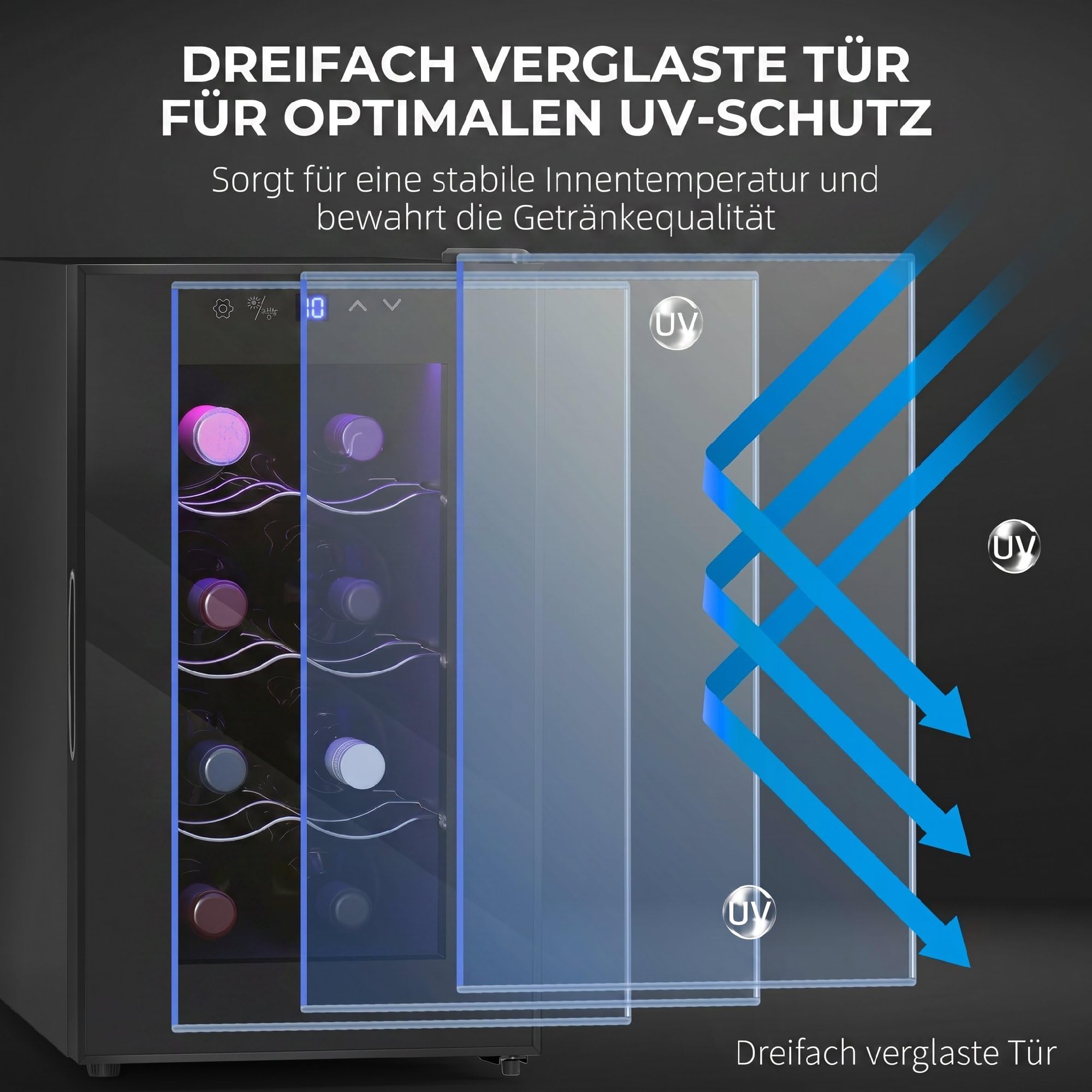 HOMCOM Weinkühlschrank 1 Zonen 8 Flaschen 21L 8-18°C Thermoelektrik LED Touch-Display Schwarz