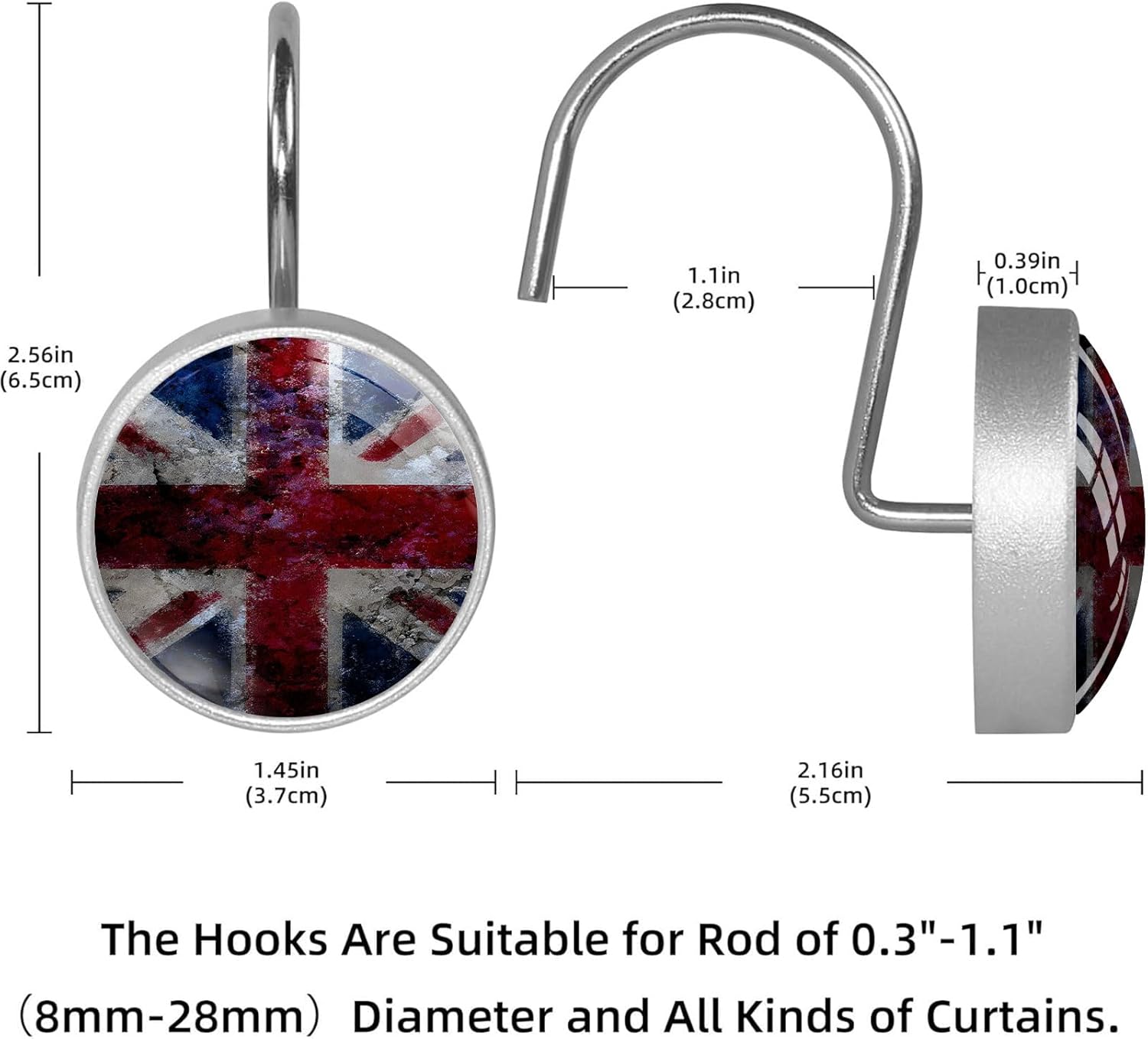 Vintage UK British Flag Shower Curtain Hooks Set of 12 Rustproof Metal Shower Hooks for Curtains Rods Shower Curtain Rings for Bathroom Living Room Bedroom Decor