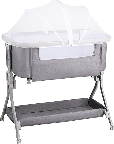 Miniatura 11 de Larex Cuna para bebé con mosquitera, bolsa de almacenamiento y canasta, 5 alturas ajustables, ruedas móviles, colchón transpirable y malla