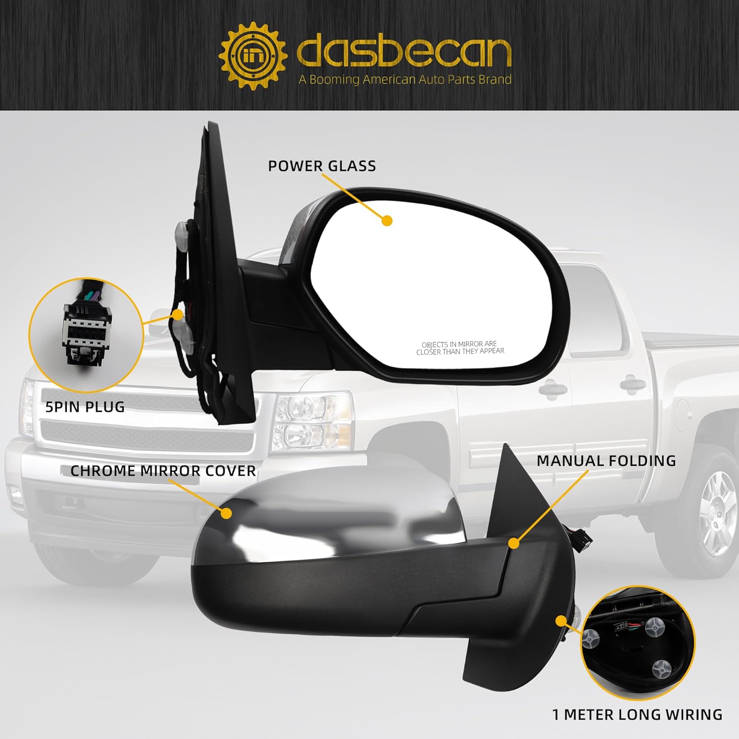 Dasbecan Passenger Side Mirror Compatible with 2007-2013 Chevy Silverado,GMC Sierra Yukon Right Mirror w/Power Glass, Heated, Manual Folding, Chrome Cover Replace# GM1321340 (5pins)