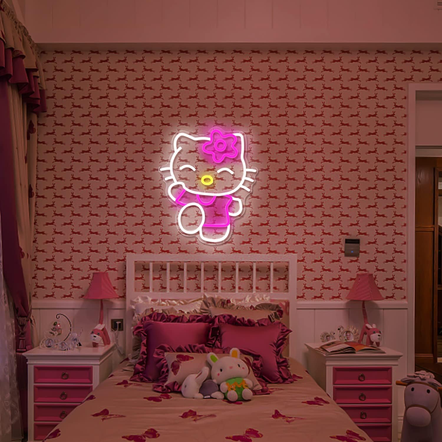 Cheunyar Hello Kit Neon Sign Dimmable Kitty Signs Kawaii Cat Anime Neon Led Sign Room Decor Lights for Girl's Room Child Bedroom Birthday Halloween Christmas Gift 14.7’’x12.5’’