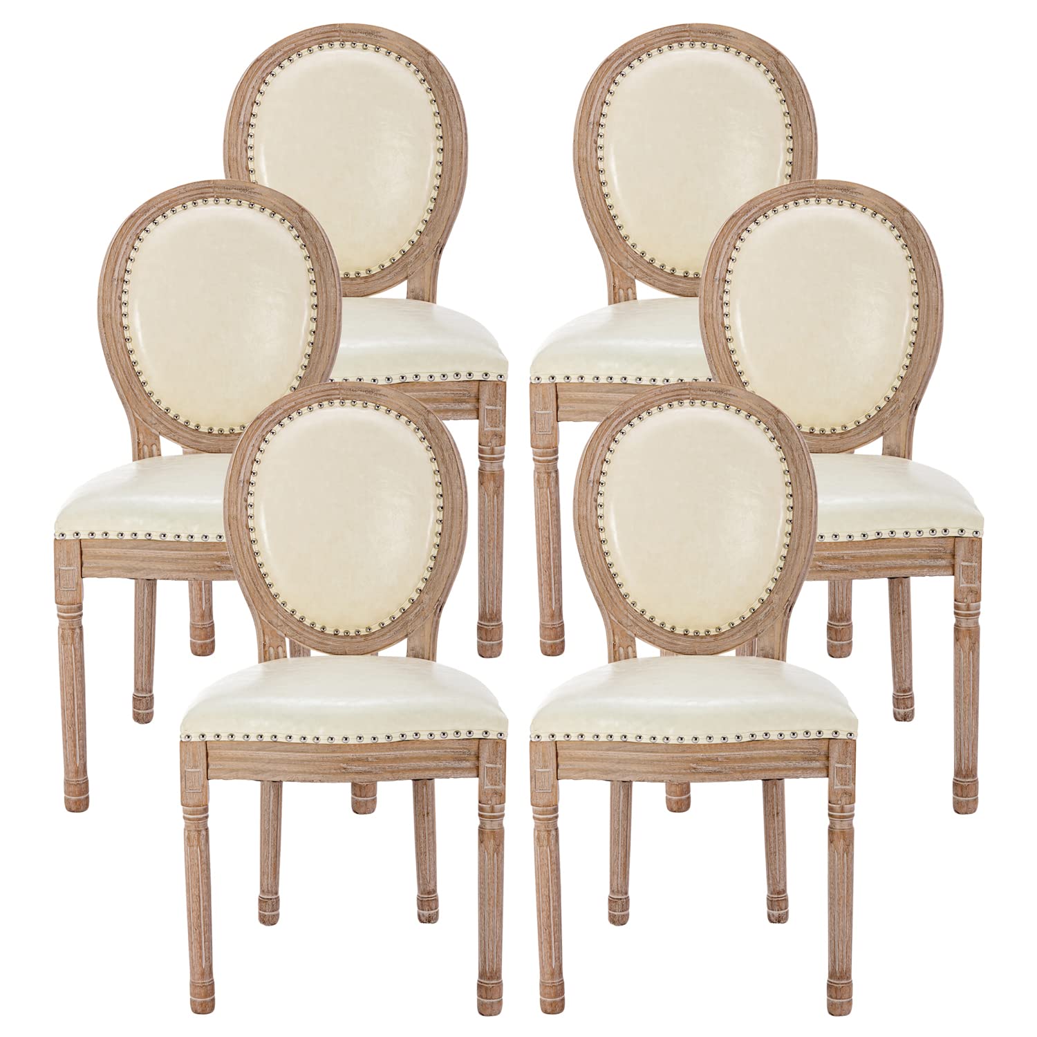 Nrizc French Country Dining Chairs Set of 6, Leather Farmhouse Dining Room Chairs with Round Back, Solid Wood Legs, Oval Side Chairs for Kitchen/