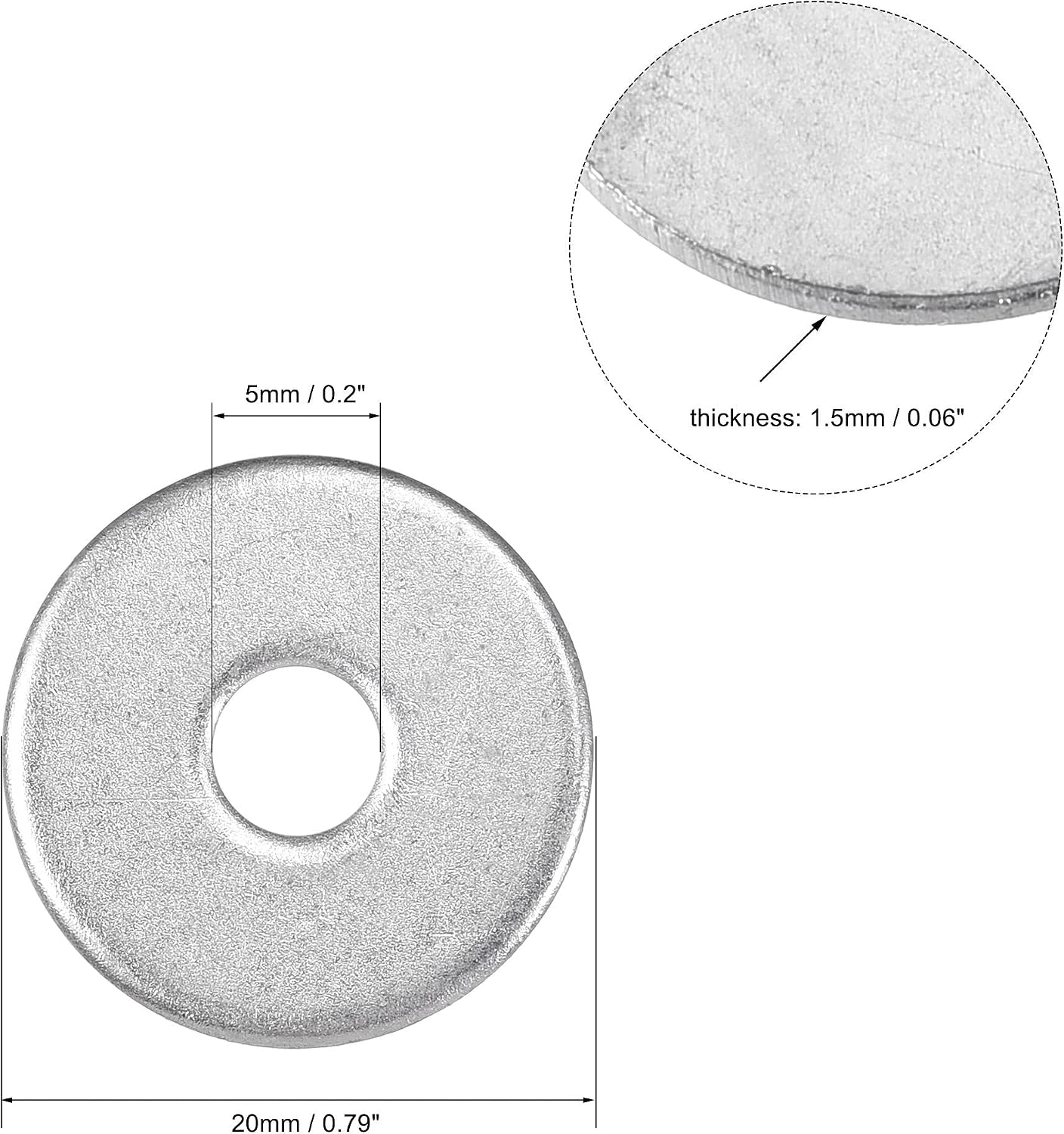 sourcing map 5mm x 20mm x 1.5mm Zinc Plated Carbon Steel Flat Washer for Screw Bolt 50Pcs - Image 4