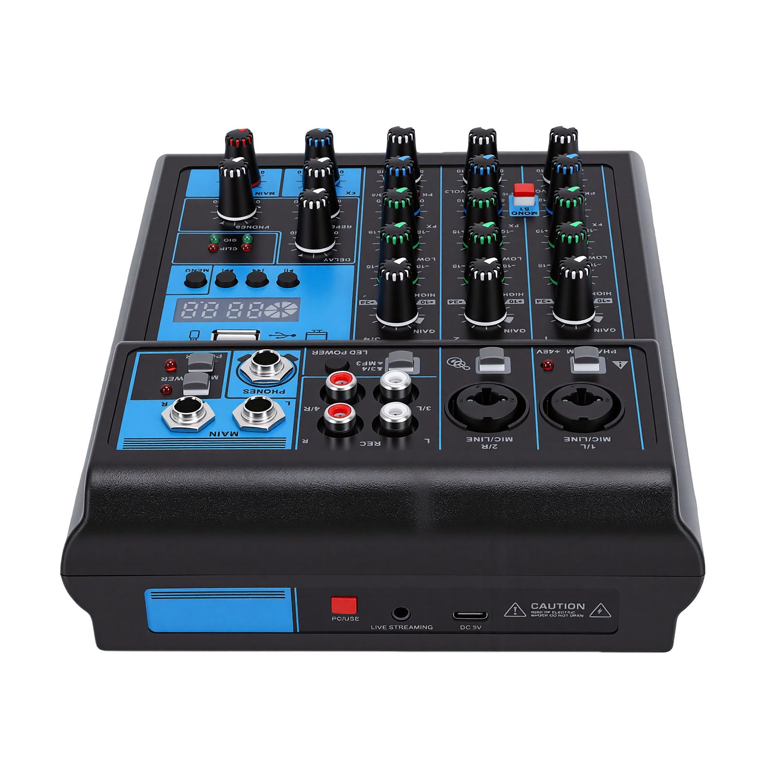 Mixer a 4 con Doppio Microfono Wireless, Interfaccia USB BT 5.0 EQ di Potenza 48 V e Controllo Riverbero, Ideale per lo Streaming Live di Karaoke Domestico