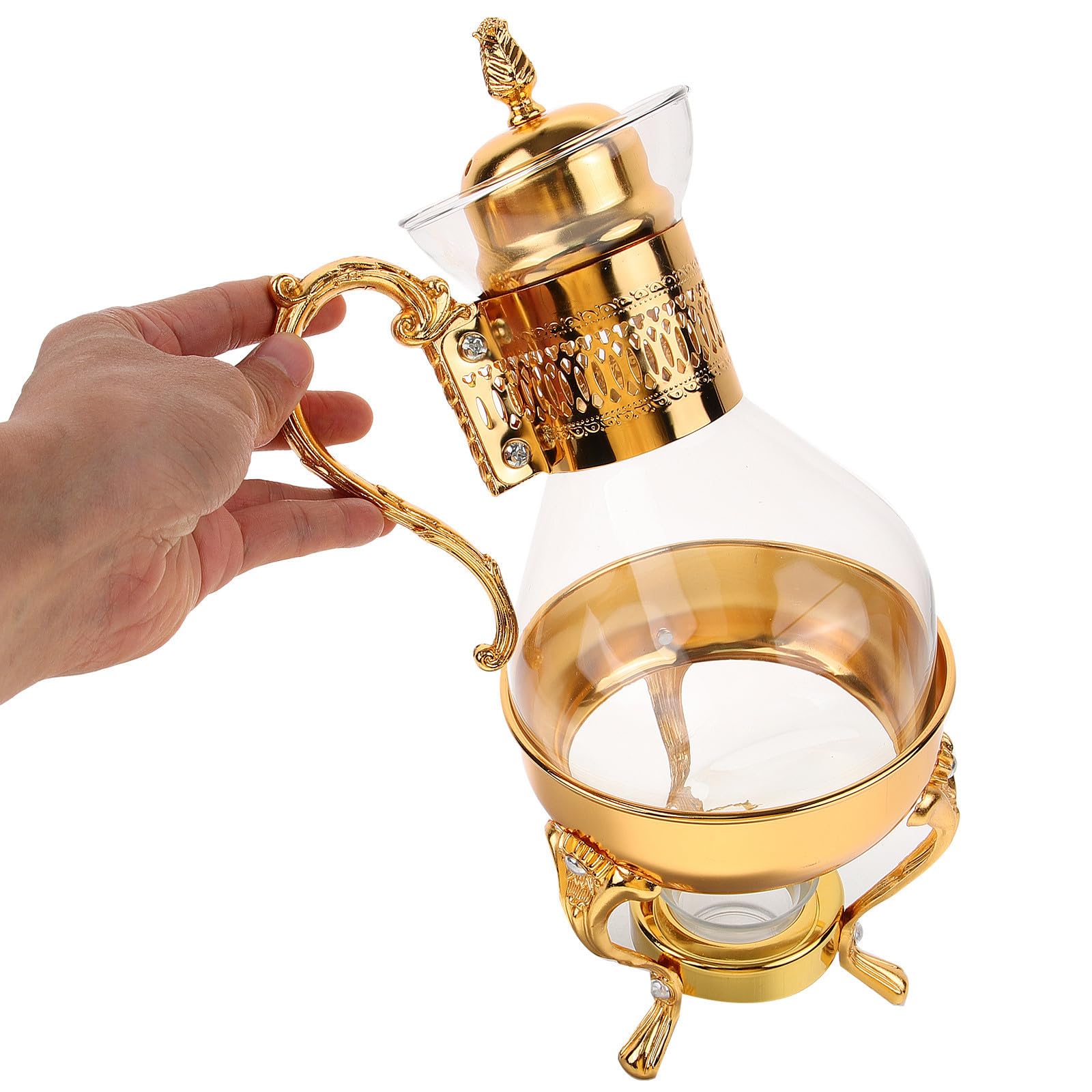 CLISPEED Arabische Teekanne aus Glas Kaffee Servierset mit Tassen und Tablett aus Glas und Aluminiumlegierung Goldfarben Beheizbar für Zuhause und Hotel Vintage Stil