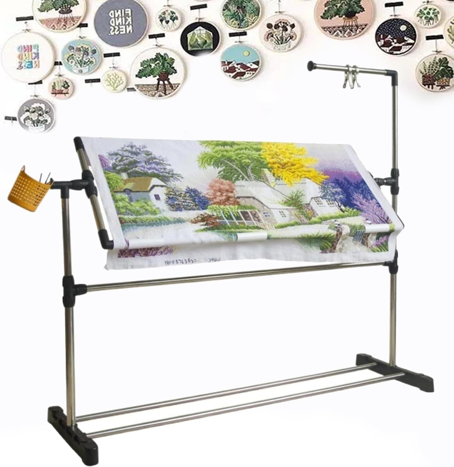 Needlework Floor Frame, Standing Embroidery Lap Table Embroidery Stand with Pulley, 360° Height Adjustable Cross Stitch Craft Stand, Embroidery Hoop Stand for Art Craft Sewing Holder 100cm