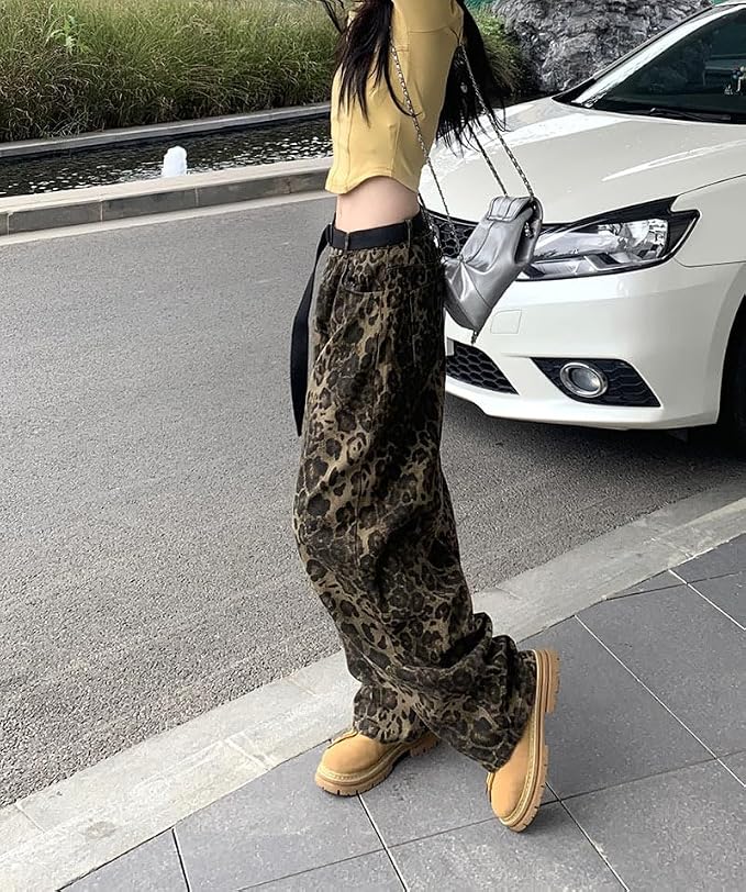 Wfeynia Leopard Baggy Jeans for Women Straight Wide Leg Oversized