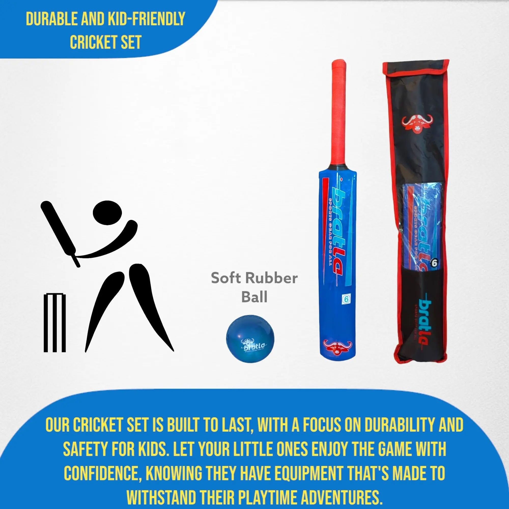 Cricket Plastic Set Kit - Blue Beach & Backyard Cricket Set Includes Bat, Ball & Carry Bag