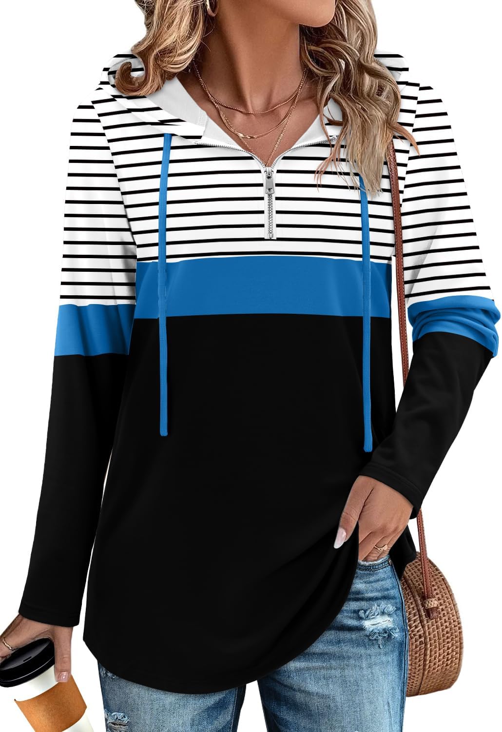 BETTE BOUTIK Womens Quarter Zip Tunic Hoodies Pullover Long Hooded Sweatshirts S-3XL - Image 3