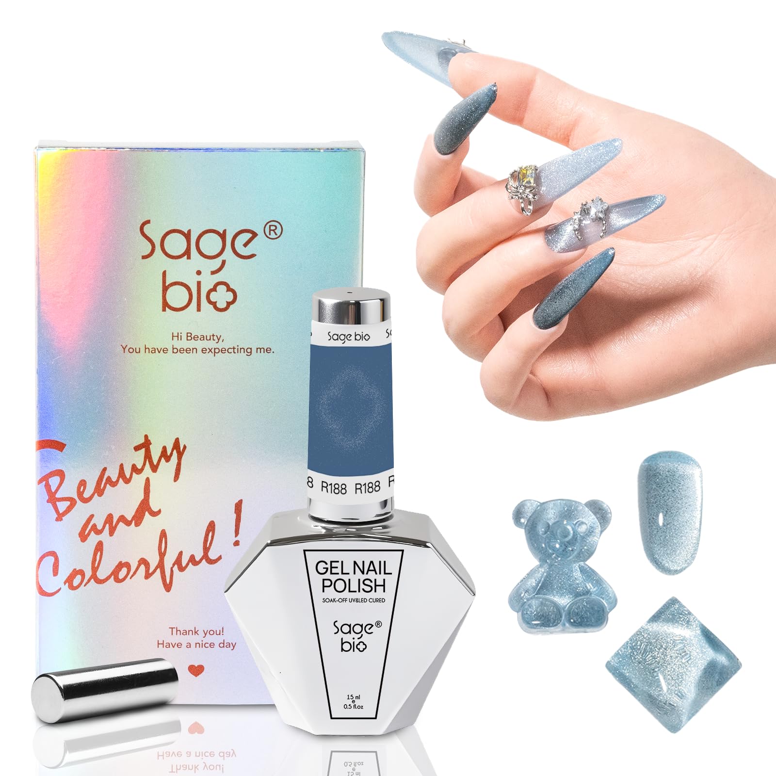 SAGEBIO Multifunctional Cat Eye Gel Nail Polish, No Base or Top Coat Required, 15ml, Lasts Up to 4 Weeks, UV/LED Cured, Easy Application, R188
