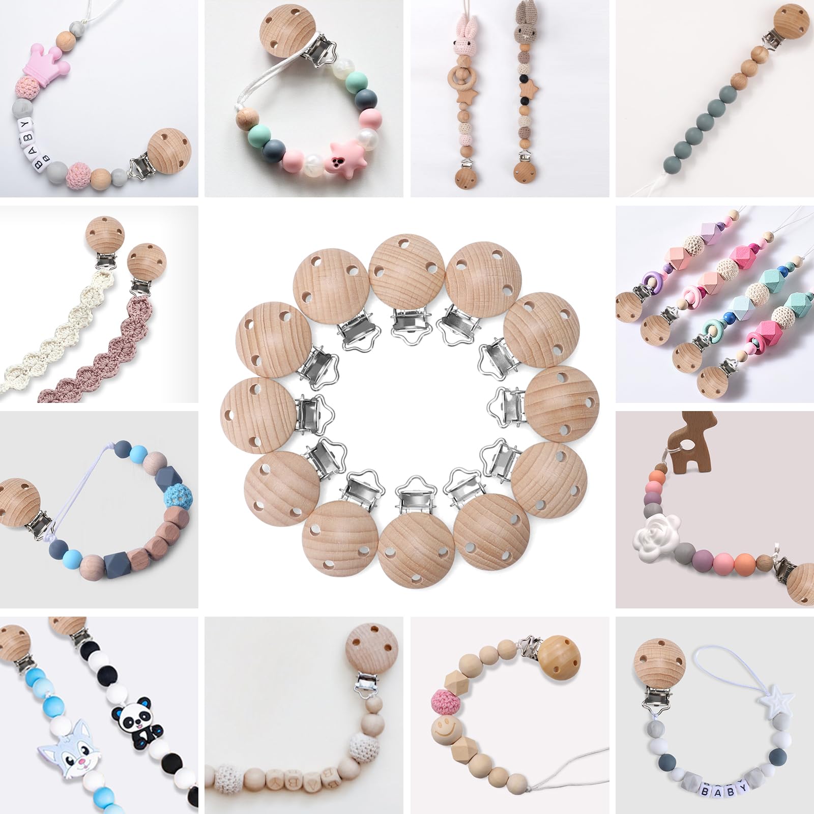 Kigniote 12 pezzi ciuccio clip di legno, bambino ciuccio catena clip ciuccio clip impedisce cadere o perdere il ciuccio ciuccio catena accessori per il fai da te ciuccio catena Crafting