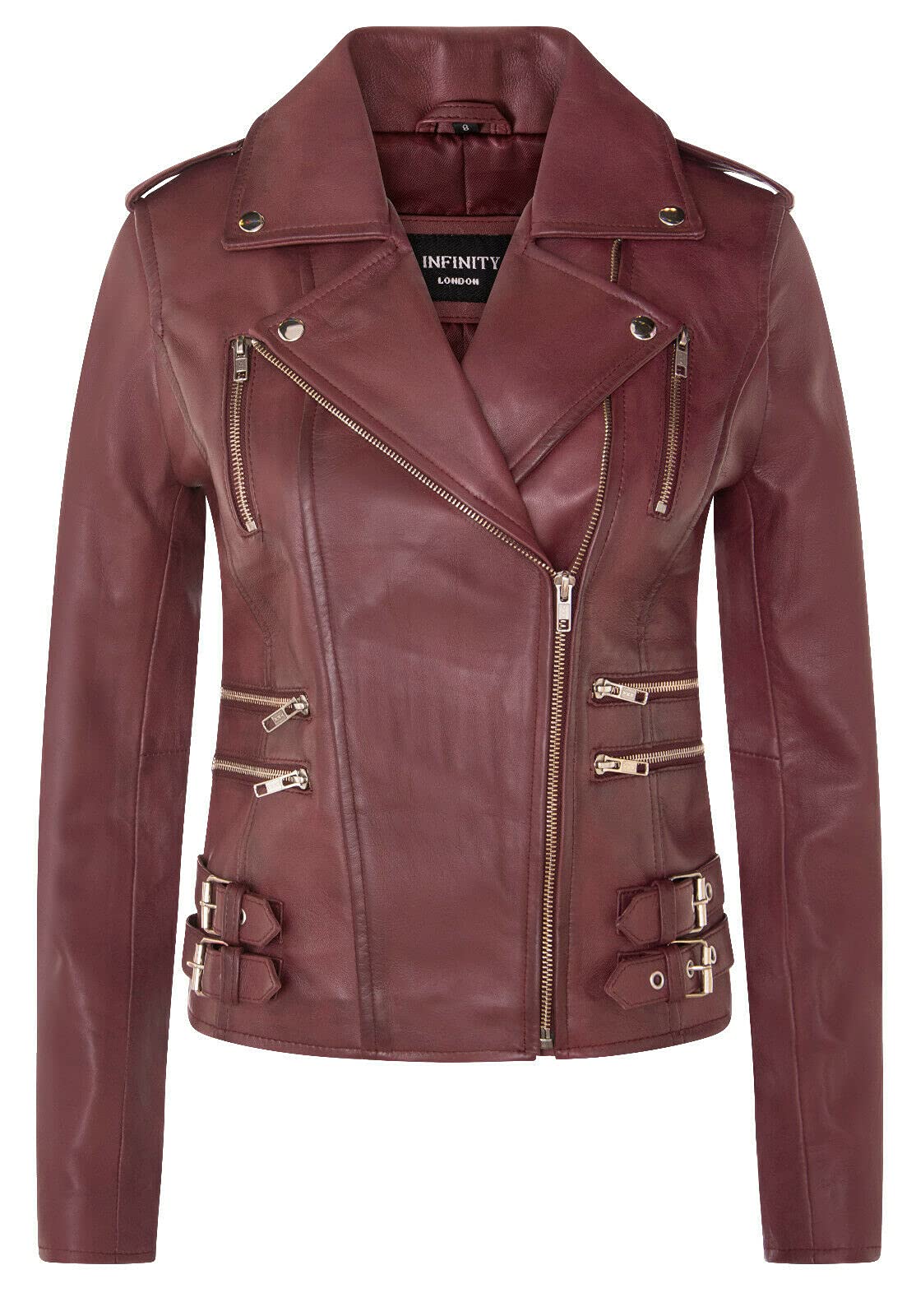 Infinity Leather Women's Burgundy Retro 100% Nappa Leather Biker Jacket L