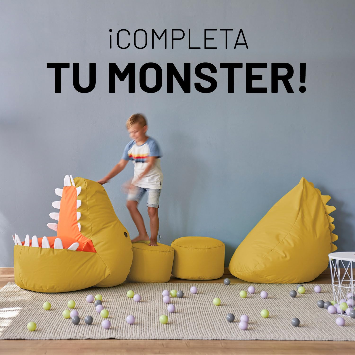 Lumaland Puf infantil Monster | Puf Animal Familia | Bolsa impermeable | Fácil cuidado | 80 x 80 x 70 cm, 2,9 kg [amarillo]
