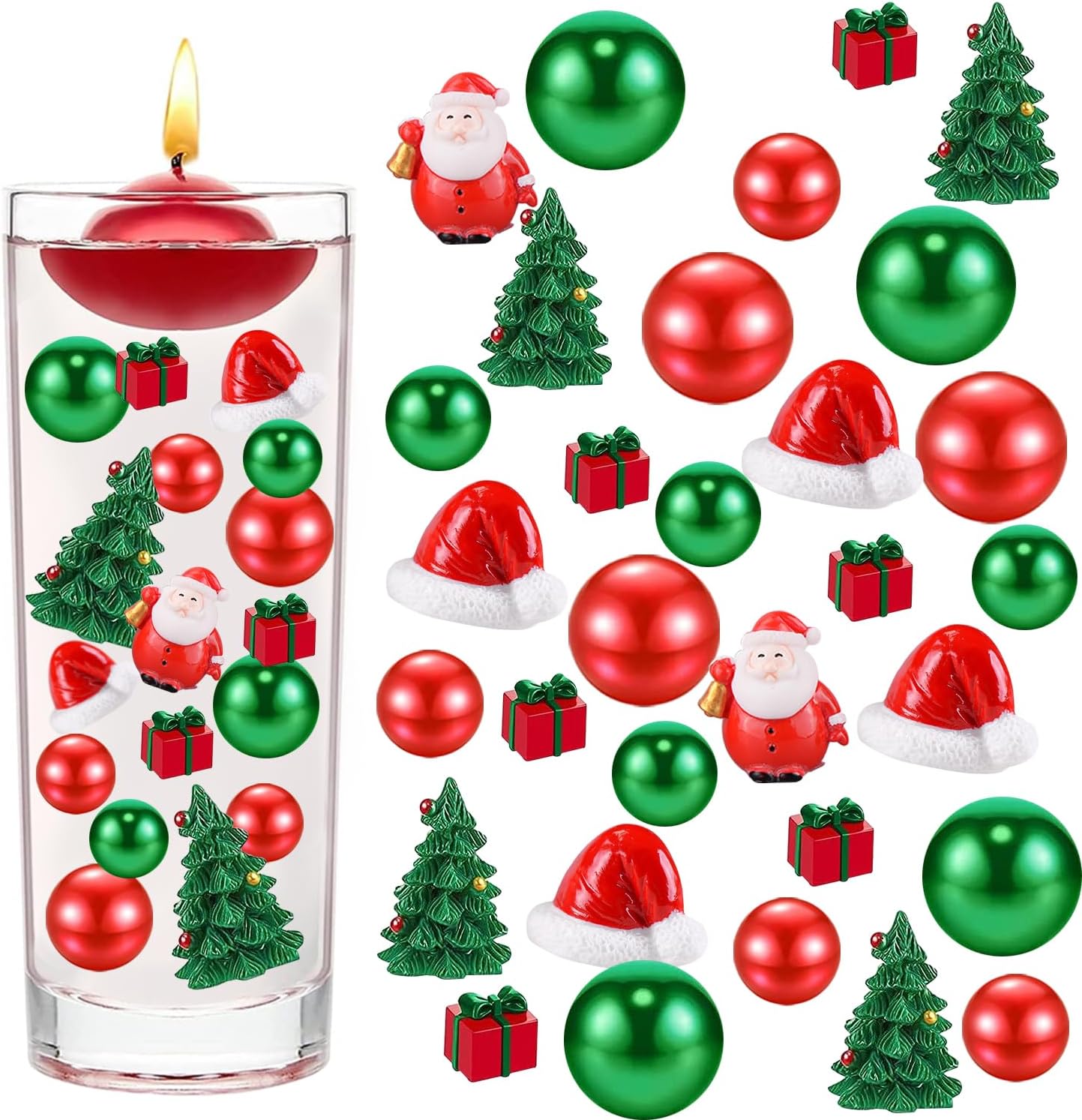 10066Pcs Christmas Vase Filler Decor Set Red Green Beads Santa Hat Christmas Trees Gift Boxes Vase Filler for Home Party Decoration