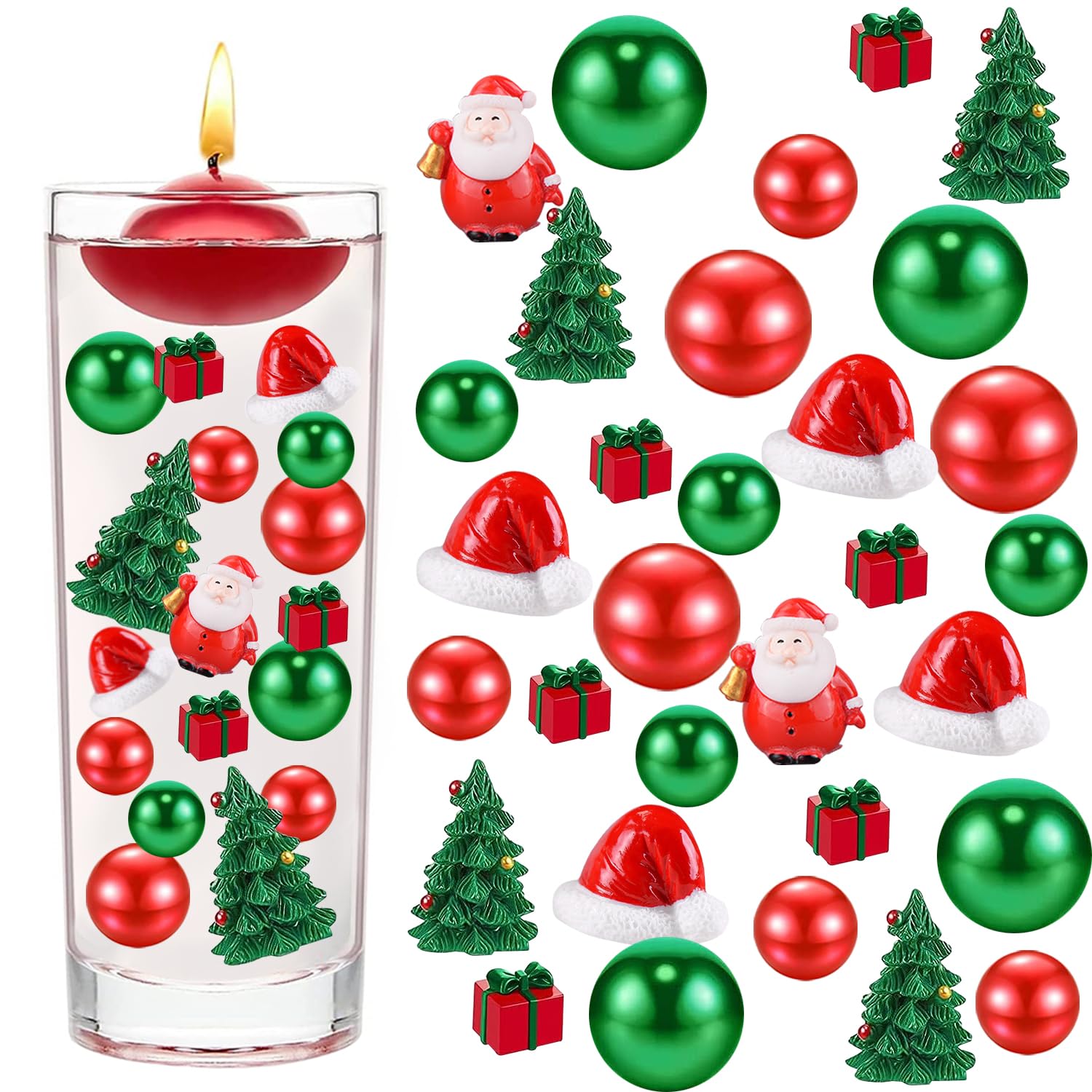 10066Pcs Christmas Vase Filler Decor Set - Red, Green Beads, Santa Hat, Christmas Trees, Gift Boxes - Vase Filler for Home Party Decoration