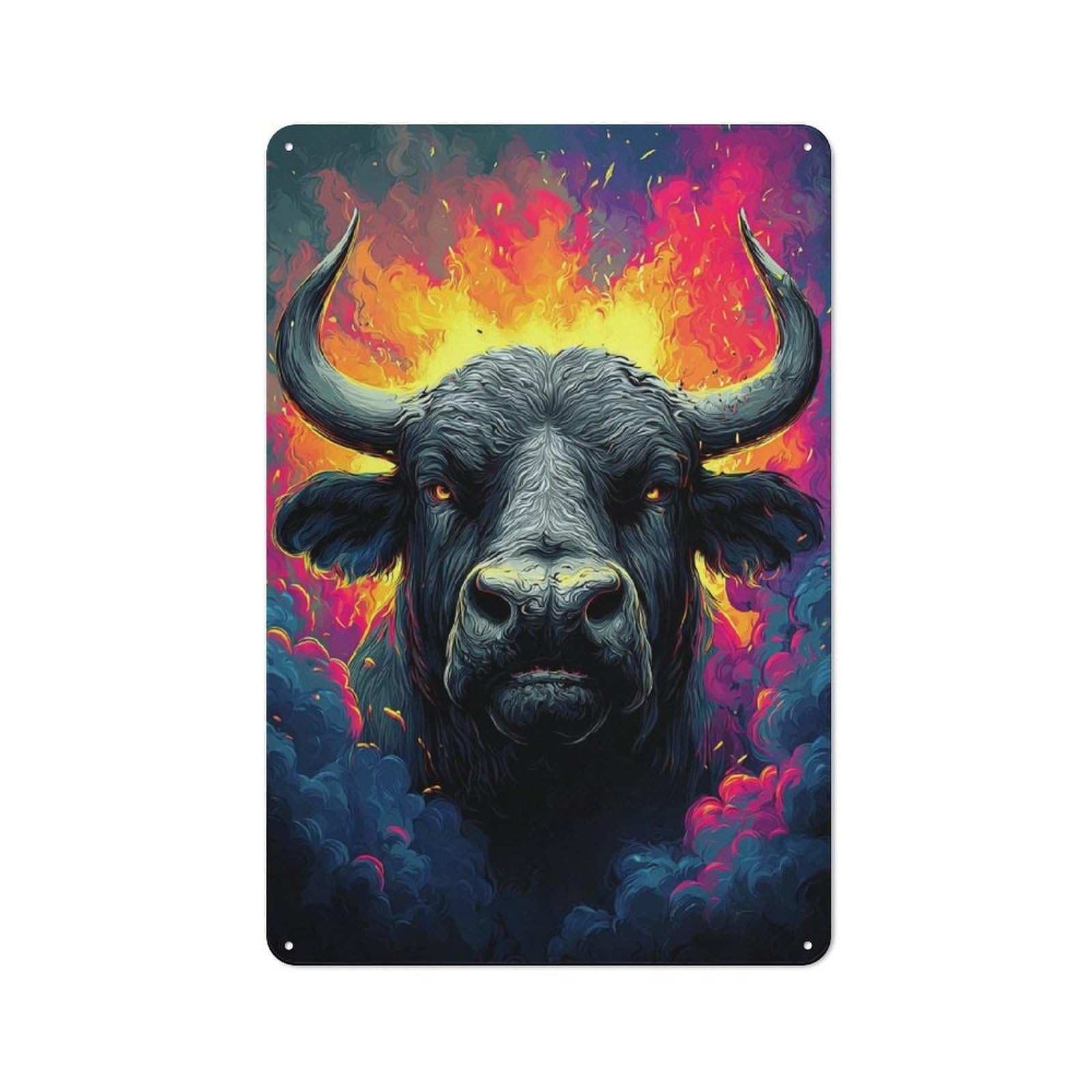 Junmoney Fiery Bull Digital Artwork Tin Wall Plaque 30X20cm With For Studio Or Craft Room, For Cooler-Season Styling In Studio And Craft Room