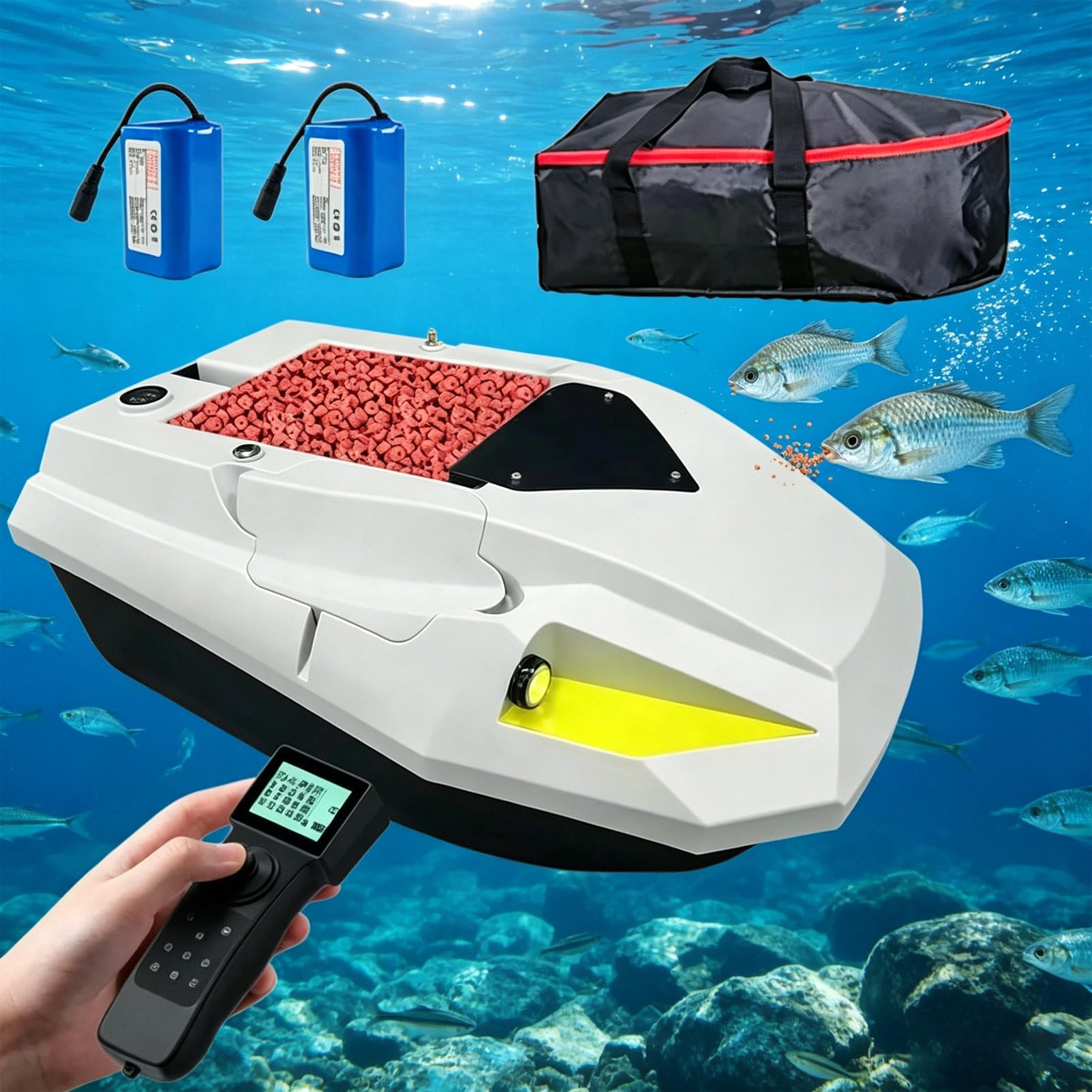 Pvxa Fishing Bait Boat with GPS Positioning, Night Fishing Lights, RC Bait Release Boat 2kg Loading Hopper, 100-point Positioning, 2x15600mAh Batteries, for Anglers