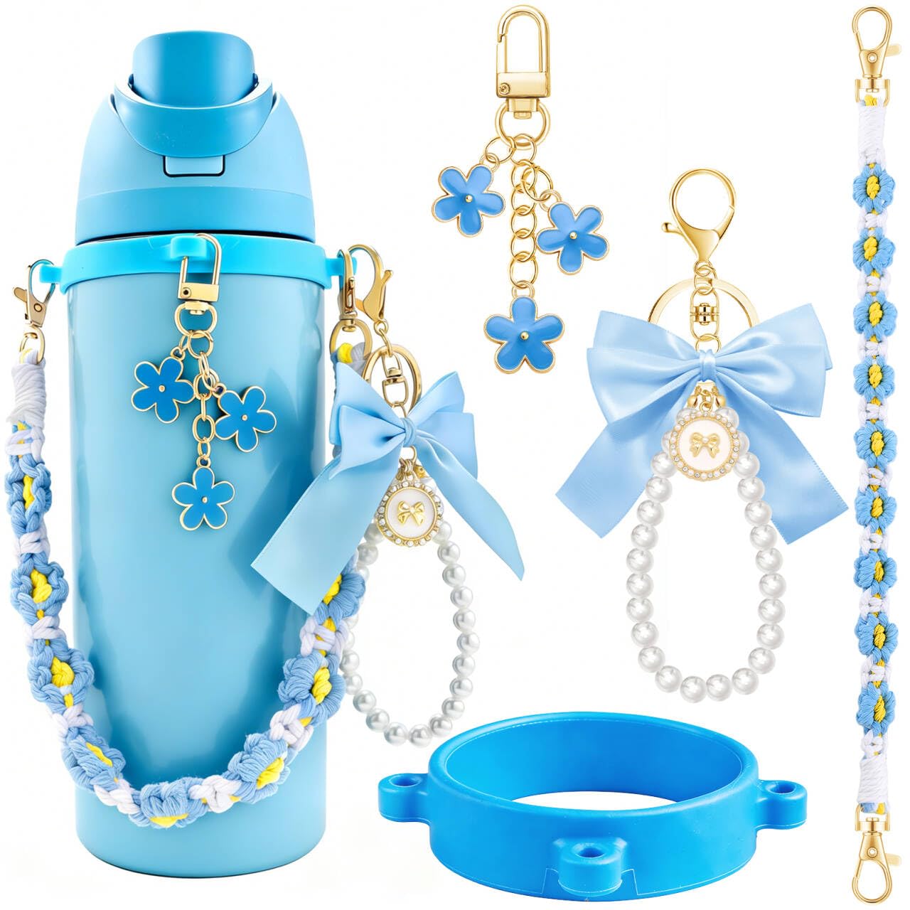 Lestp 4Pcs Water Bottle Accessories for Owala Stanley Cup Accessories Set Water Bottle Handle Strap Decoration Cute Tumbler Cup Accessories Set for Women Water Bottle Holder with Strap Silver Blue
